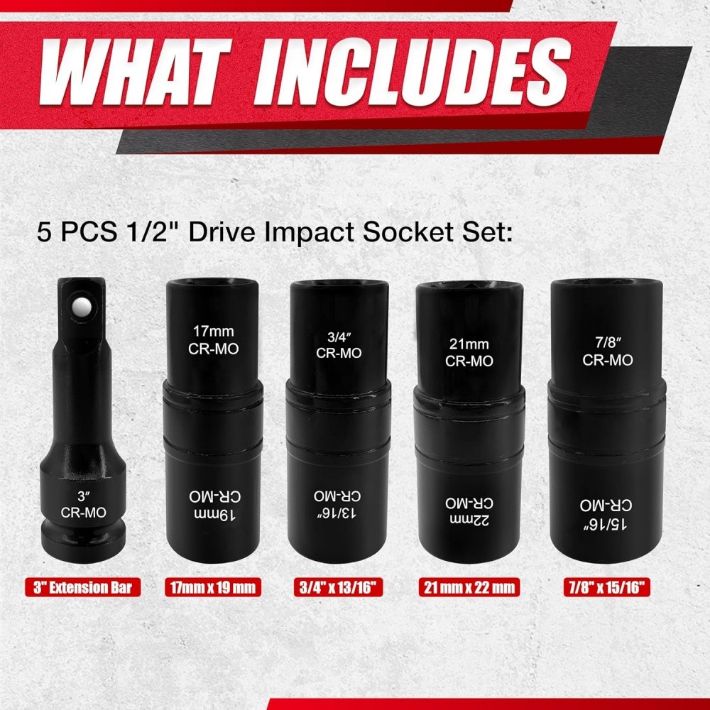 5PCS 1/2″ THIN WALL FLIP IMPACT SOCKET SET FOR AUTO RIMS TIRES LUG NUTS US