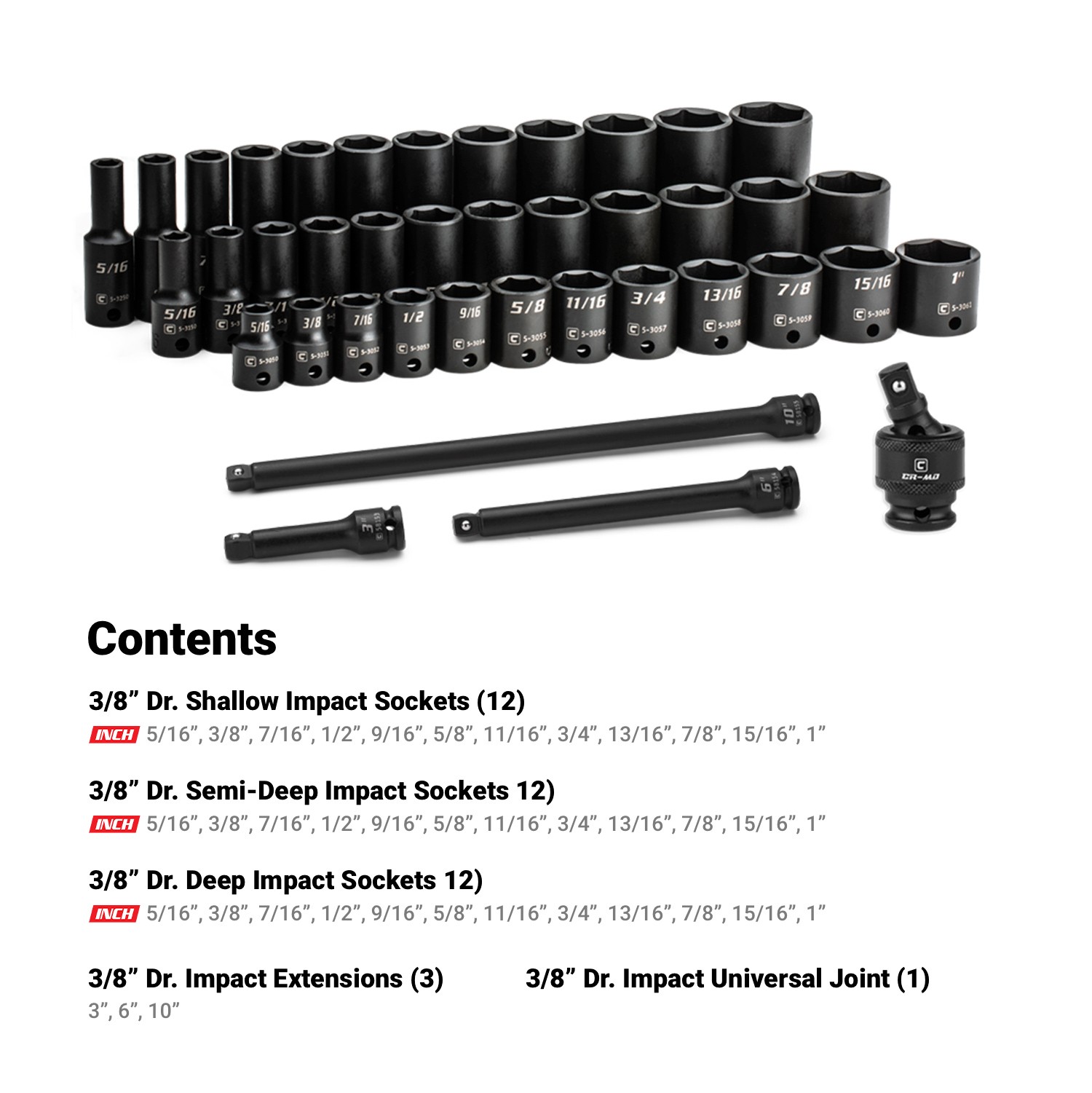 Capri Tools 3/8 in. Dr Shallow/Semi-Deep/Deep Impact Socket Set, SAE, 40-Pc