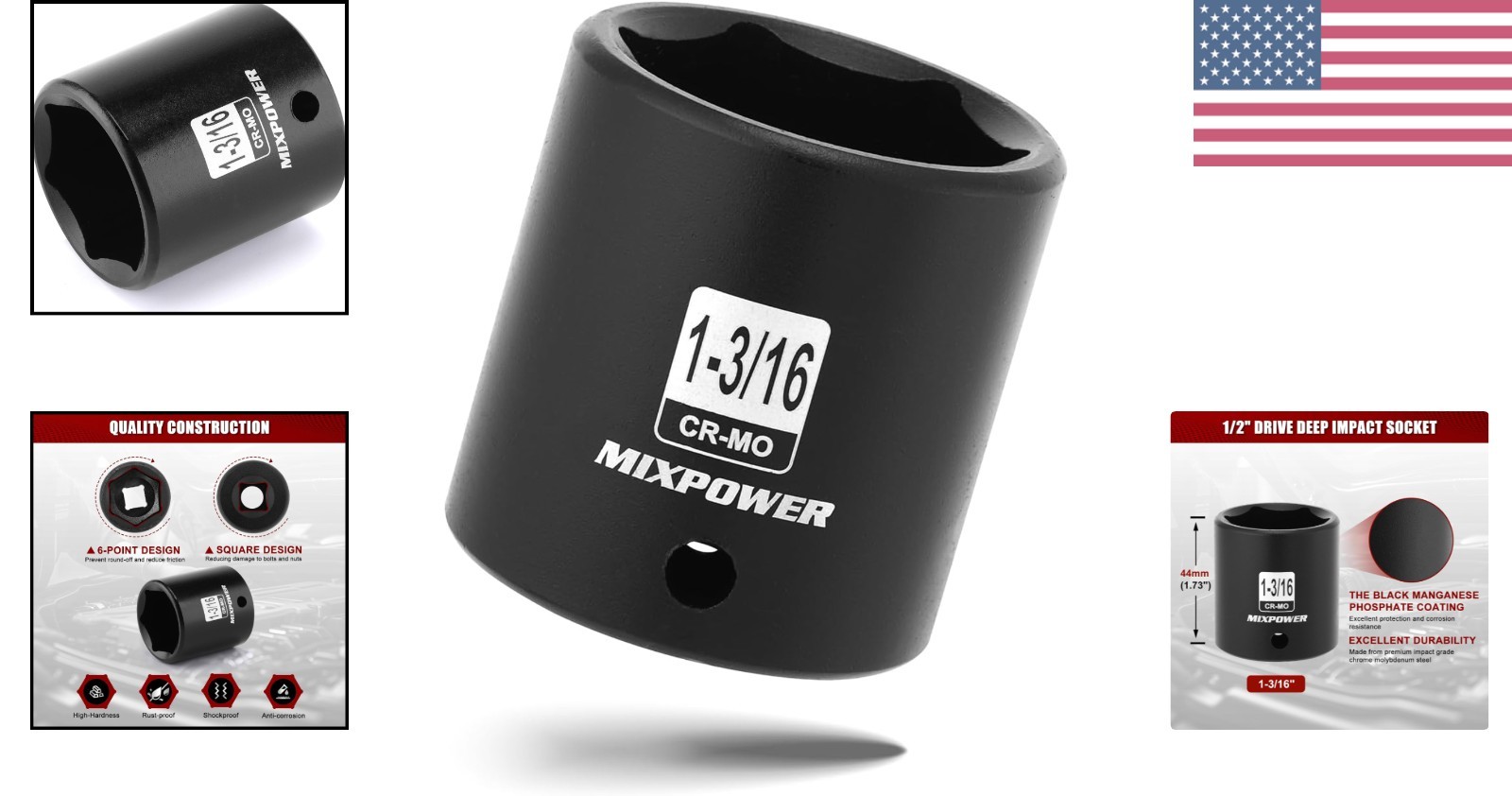 1/2″ Drive Shallow Impact Socket, CR-MO, 1-3/16″, 6 Point, Radius Corner Desi…