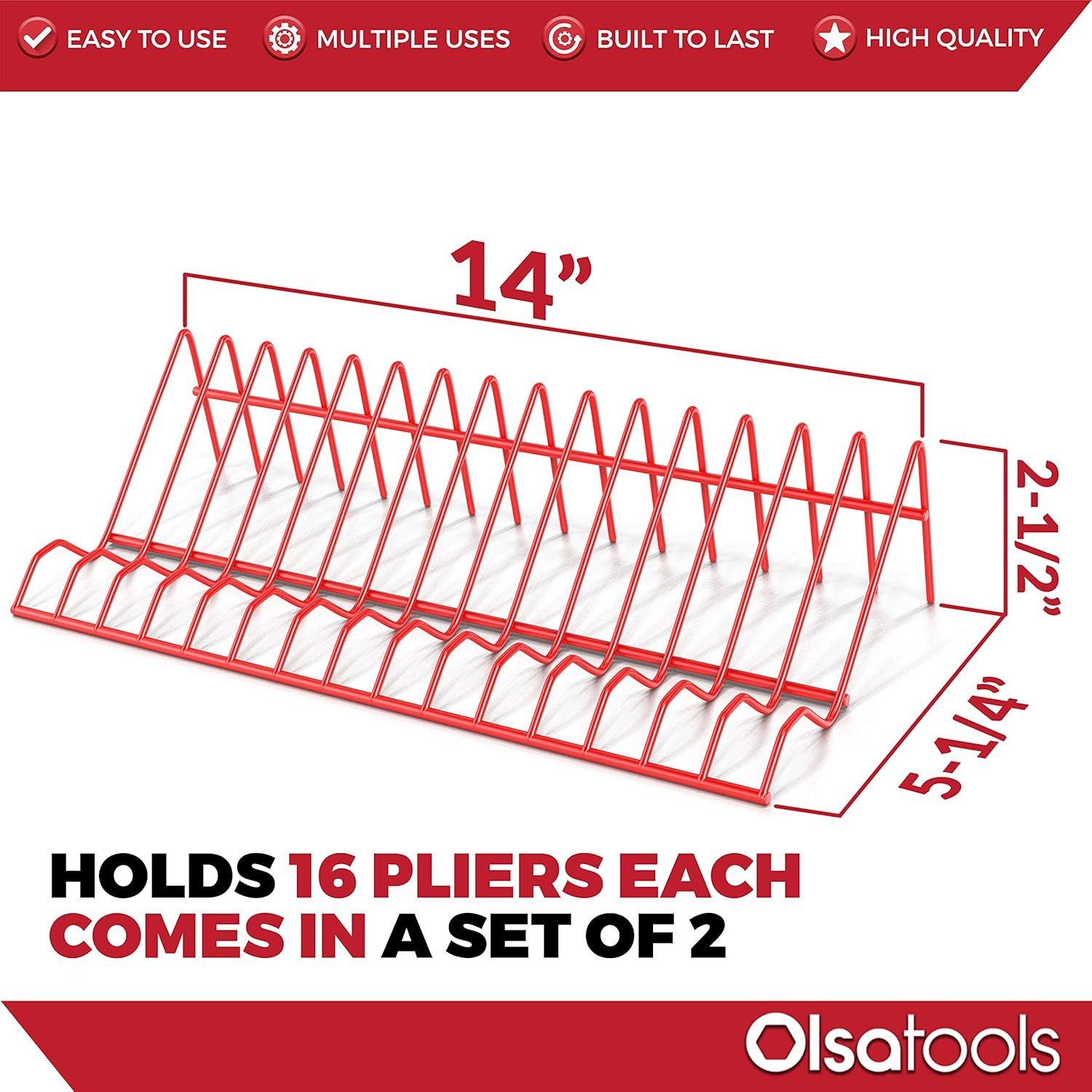 Olsa Tools Plier Organizer Rack Pliers for 2 Racks – 16 Slots Each, Red