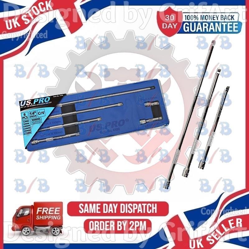 USPRO 6PC 1/4″ INCH DRIVE WOBBLE EXTENSION BAR SET EXTRA LONG WRENCH SOCKET TOOL