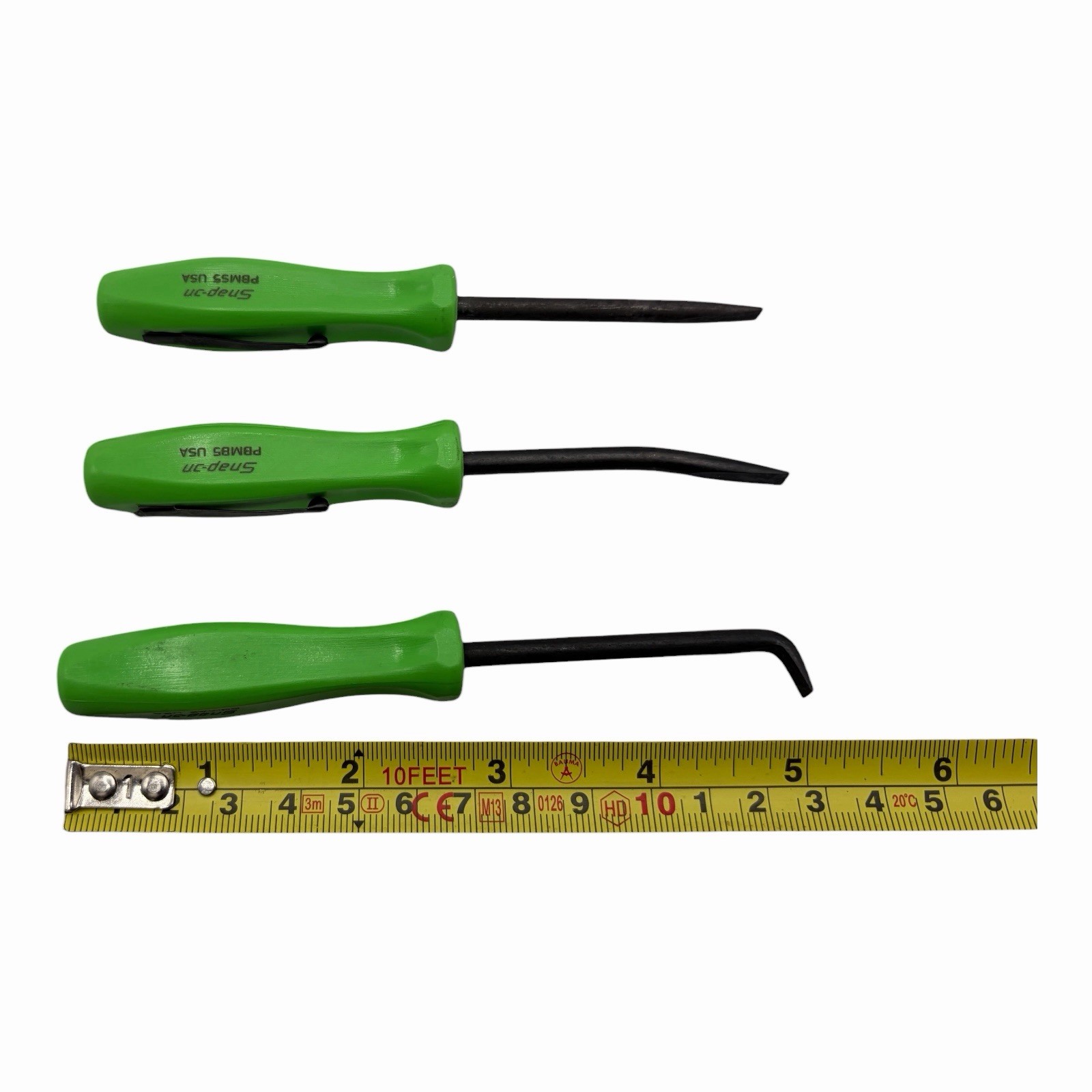 Snap On Tools Mini Pocket Pry Bar Set 3 piece Green 5 inch Straight Bent 90