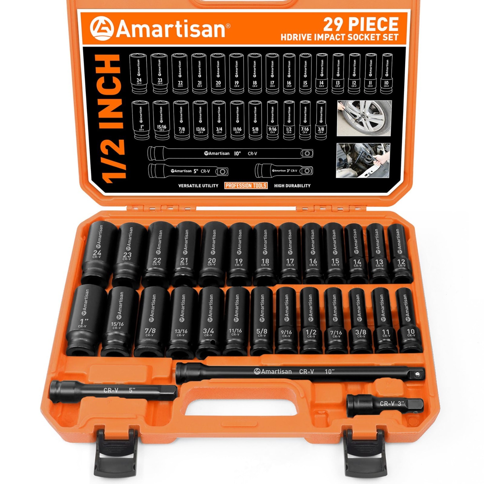 29-Piece 1/2″ Drive Impact Socket Set – 6 Point Cr-V Steel Sockets & Ratchet Han