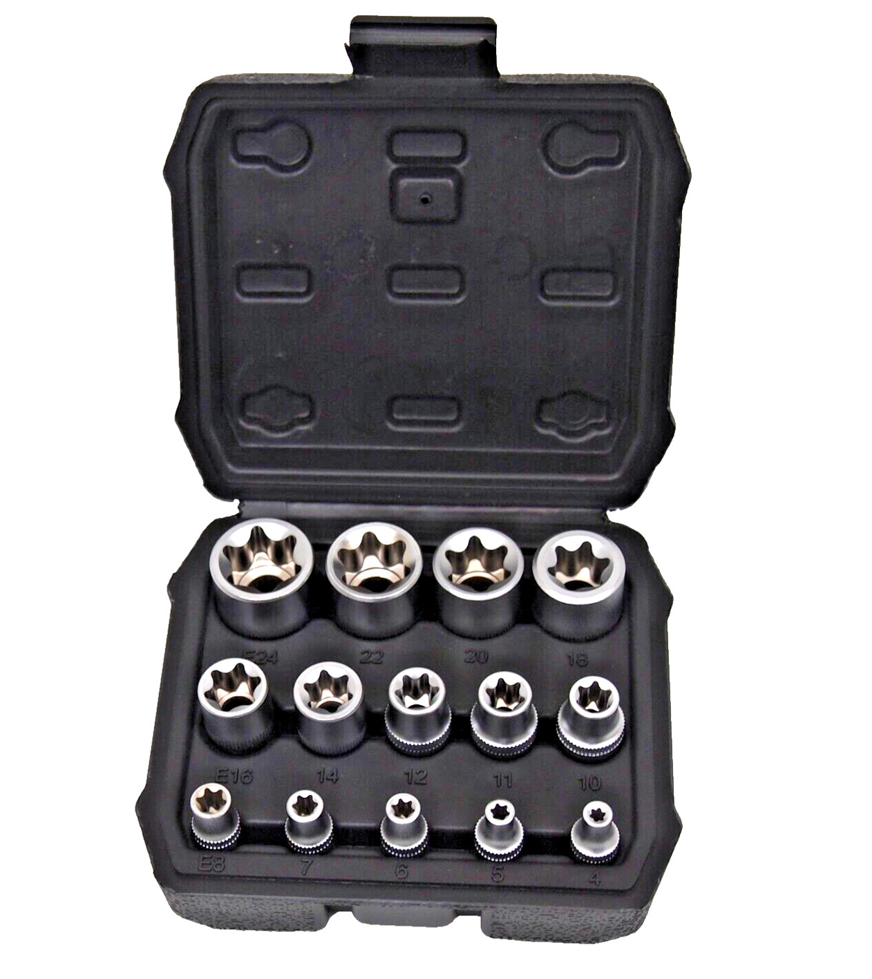 14 PC E Torx Star Female Bit Socket Set 1/2″/3/8″/1/4″ Drive E4 -E24