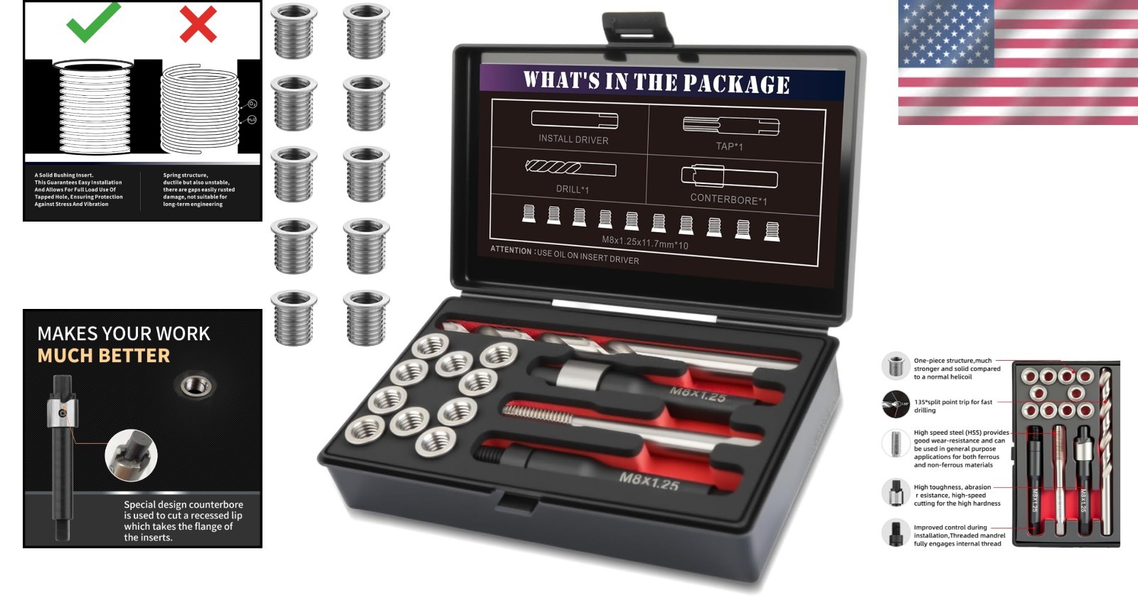Repair Damaged Threads with M8x1.25 Thread Kit – Includes Drill & 10 Inserts