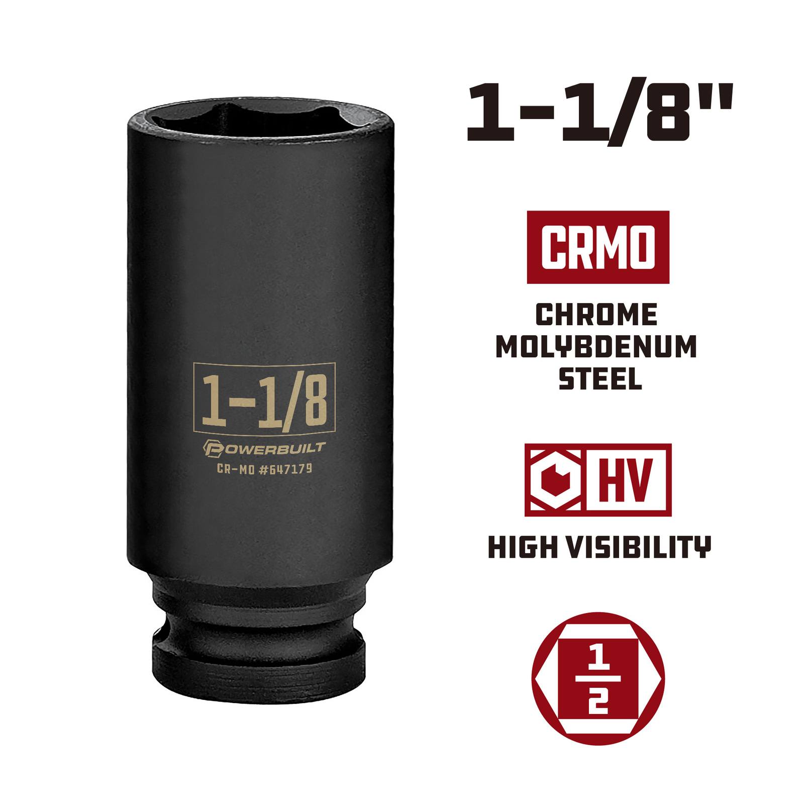 Powerbuilt 1/2 Inch Drive x 1-1/8 Inch 6 Point Deep Impact Socket – 647179