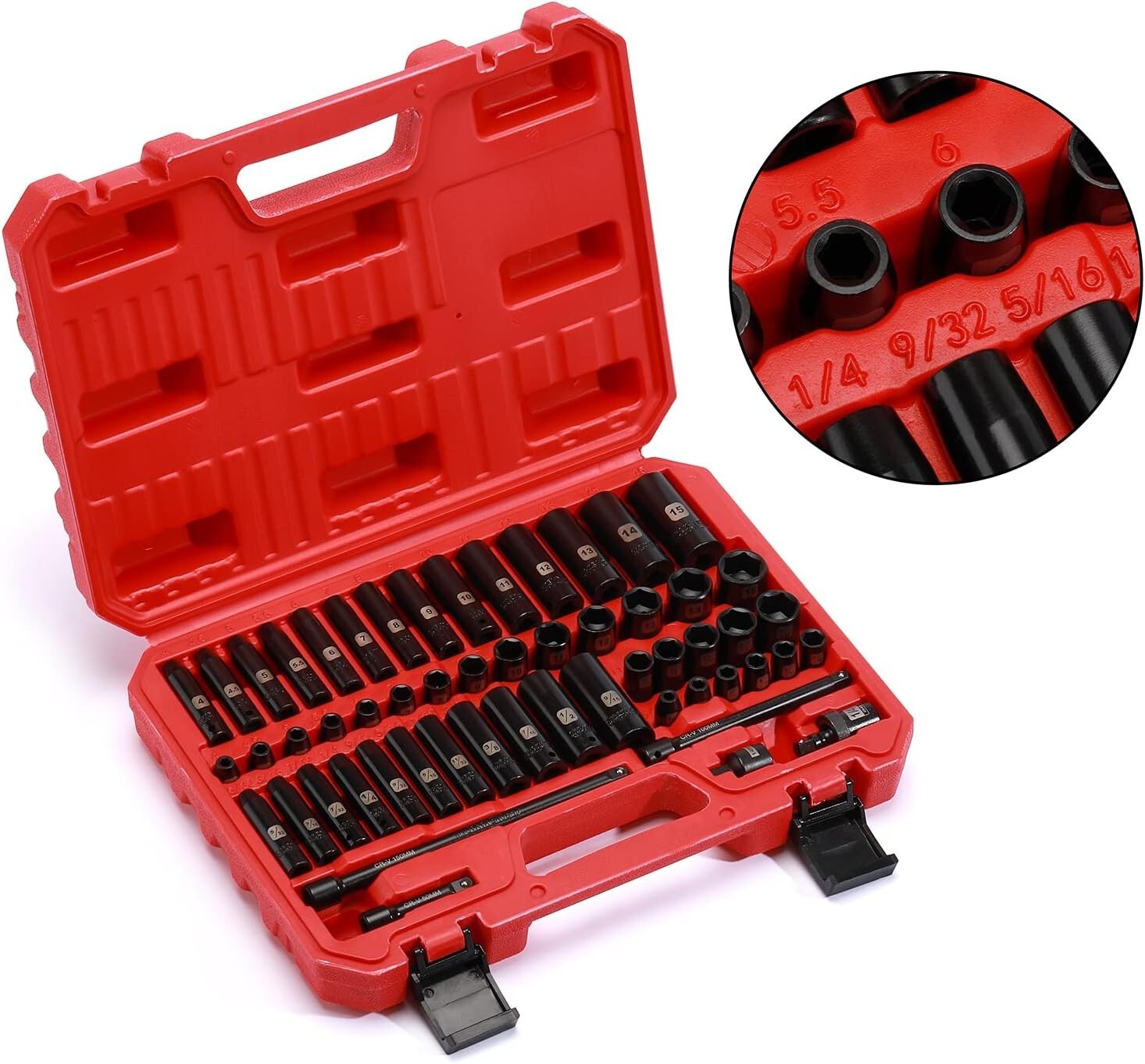 1/4 Inch Drive Master Impact Socket Set 55-Piece 6 Point SAE/Metric Deep/Shallow