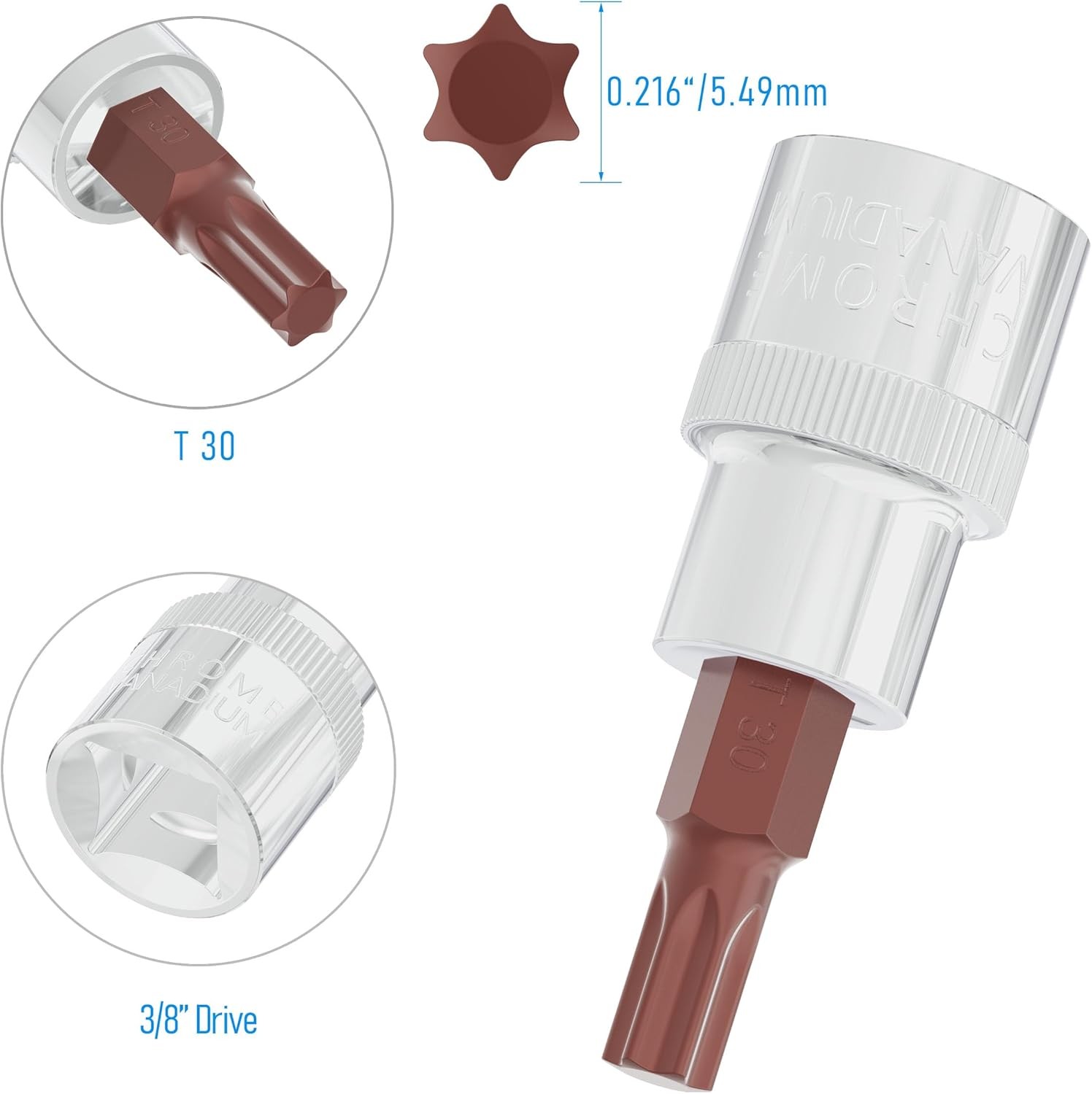 3PCS 3/8″ Drive T30 Torx Bit Socket, S2 Steel Bits, T30, Silver, Dark Red