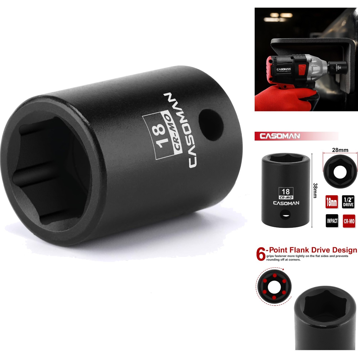18mm 1/2 Impact Socket 6-Point CR-MO Steel Black Phosphate for Impact Wrenches