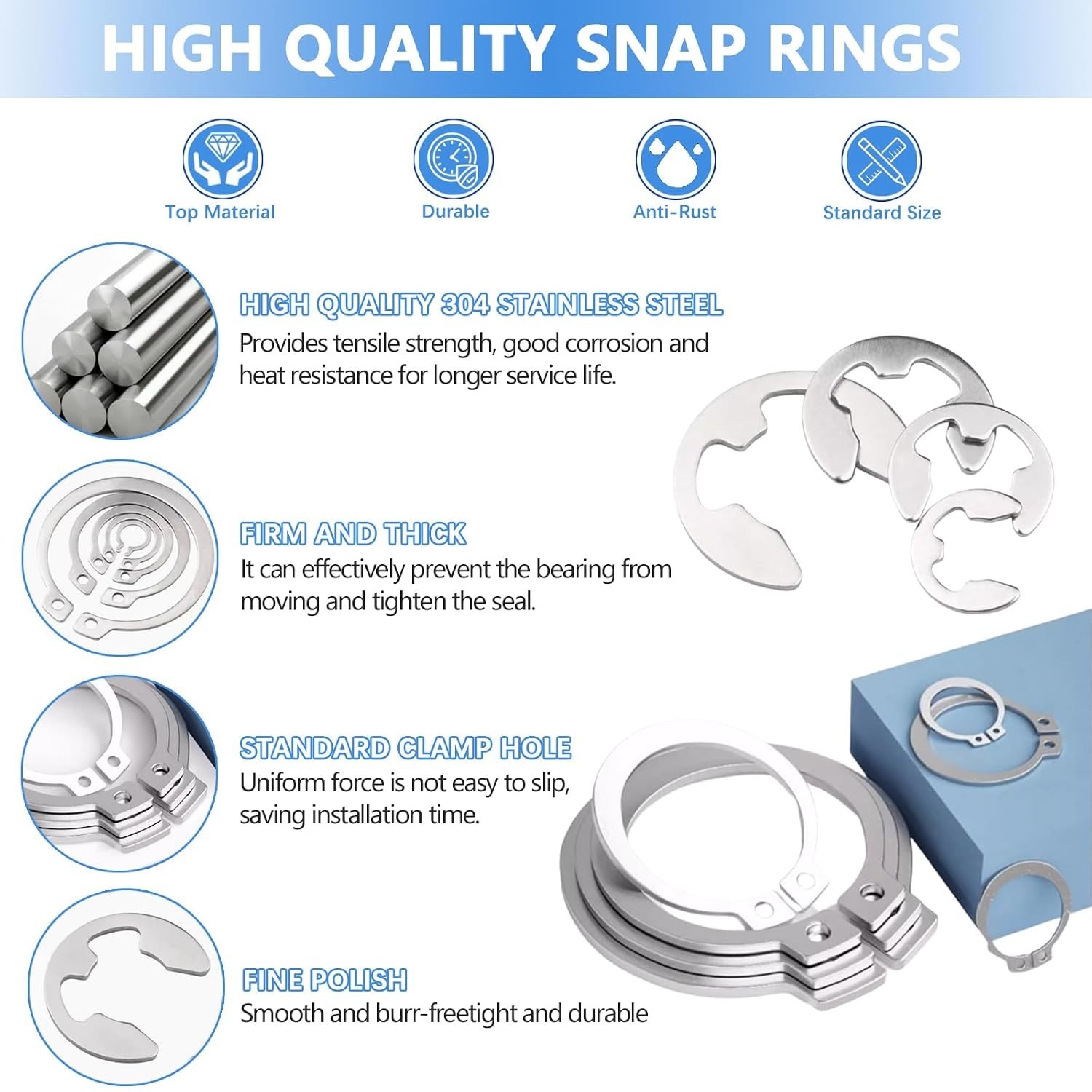 Stainless Steel Snap Rings + E-clip Assortment + 4-Pc Pliers