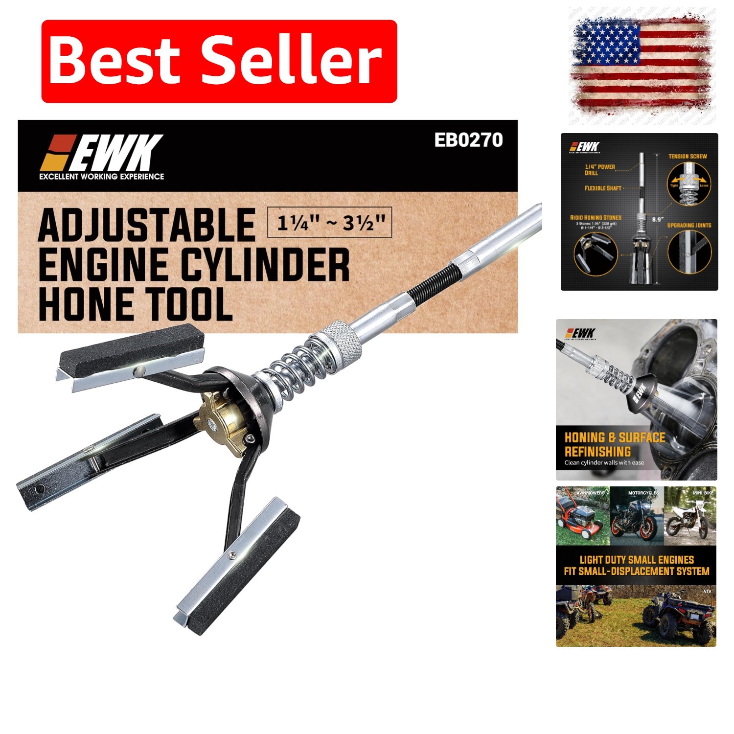 1-1/4 to 3-1/2 Inch Adjustable Engine Cylinder Hone Tool, 3-Stone 220 Grit St…