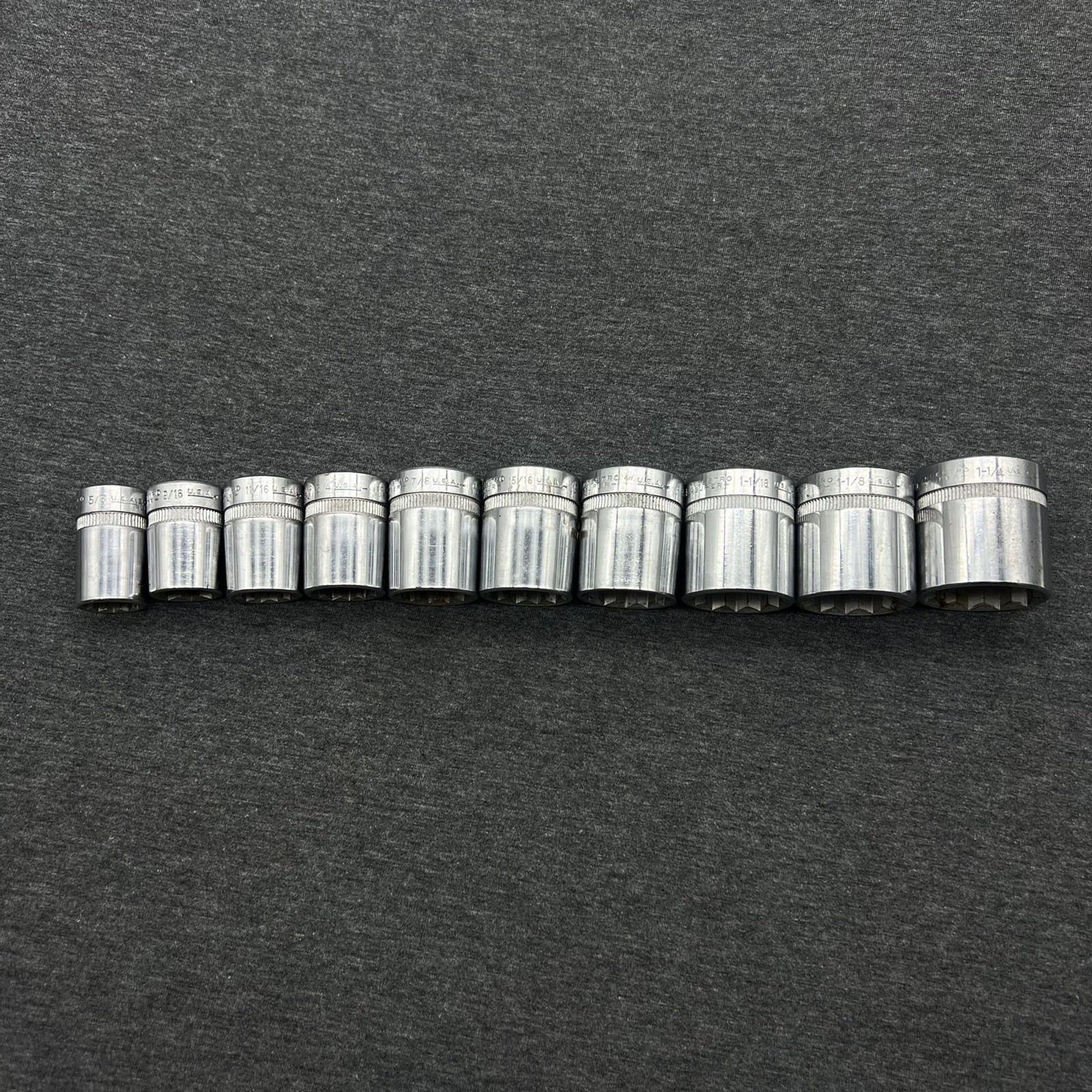 Vintage Indestro Super 1/2″ Drive 10pc SAE 12pt Socket Set Lot Made in USA