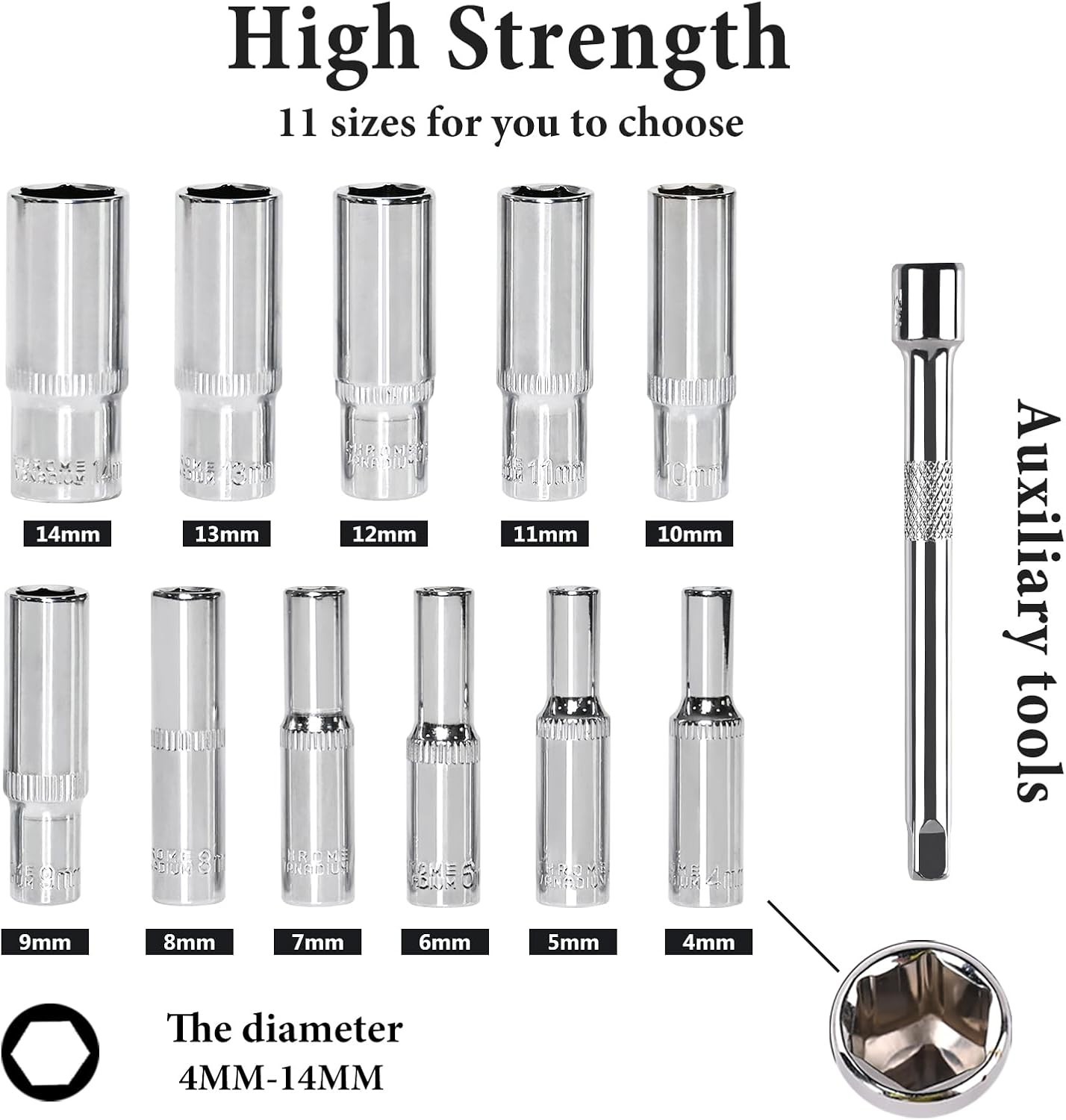 13PCS 1/4″ Drive Deep Socket Set, 4-14MM Cr-V Steel for Professionals