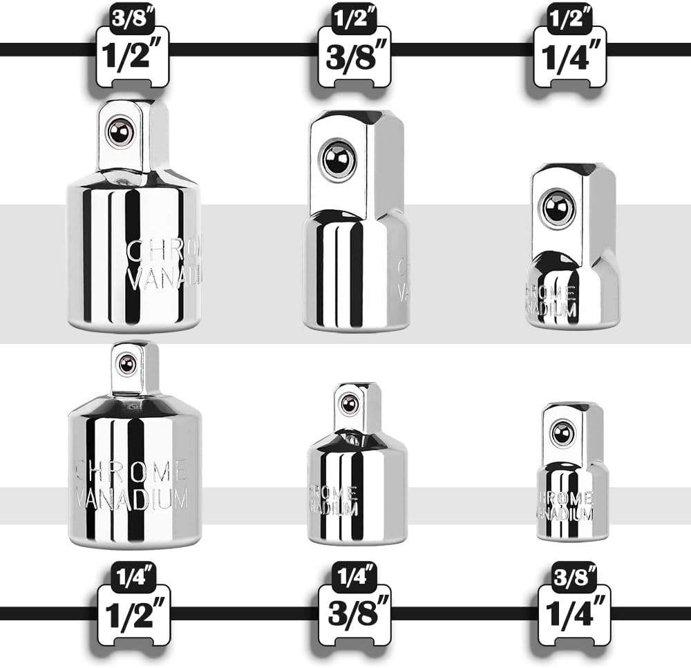 6 Piece Socket Adapter Reducer Set 1/4″ 3/8″ 1/2″ Chrome Vanadium Steel