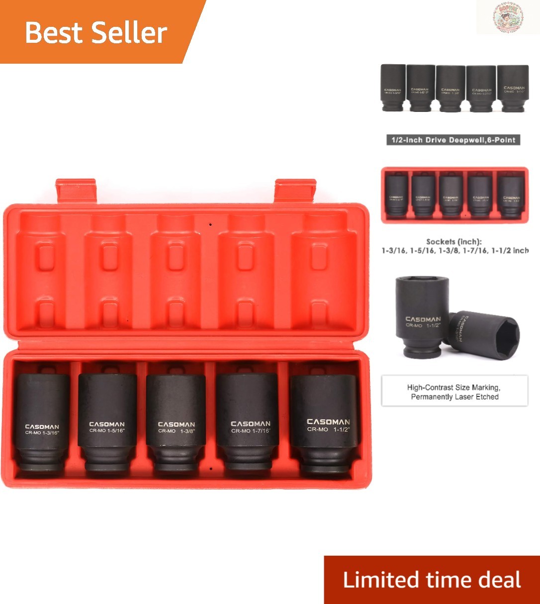 High-Torque 5-Piece Deep Axle Nut Impact Socket Set – Corrosion-Resistant Finish