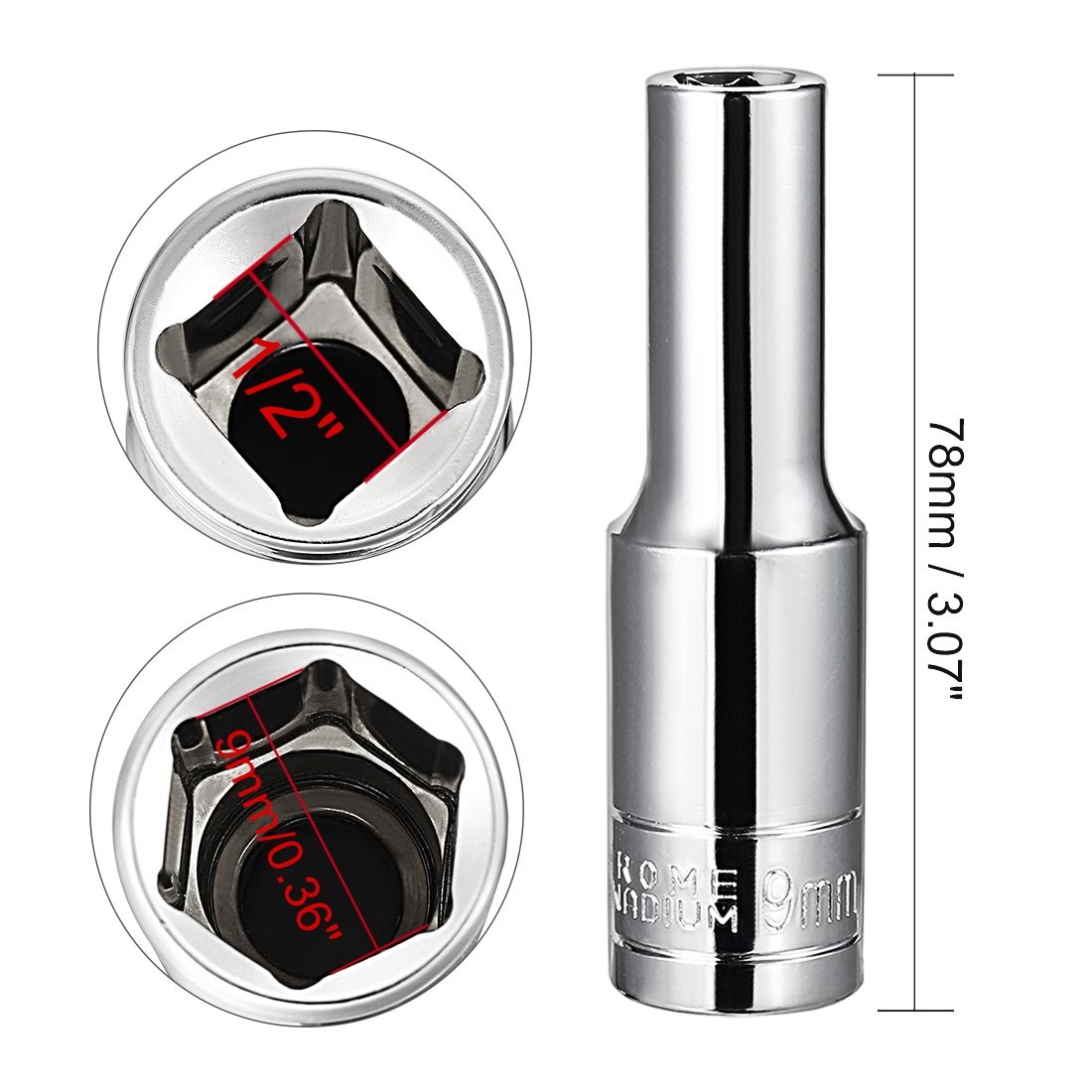 uxcell 1/2 Inch Drive 9mm 6-Point Deep Socket Metric Cr-V Polishing