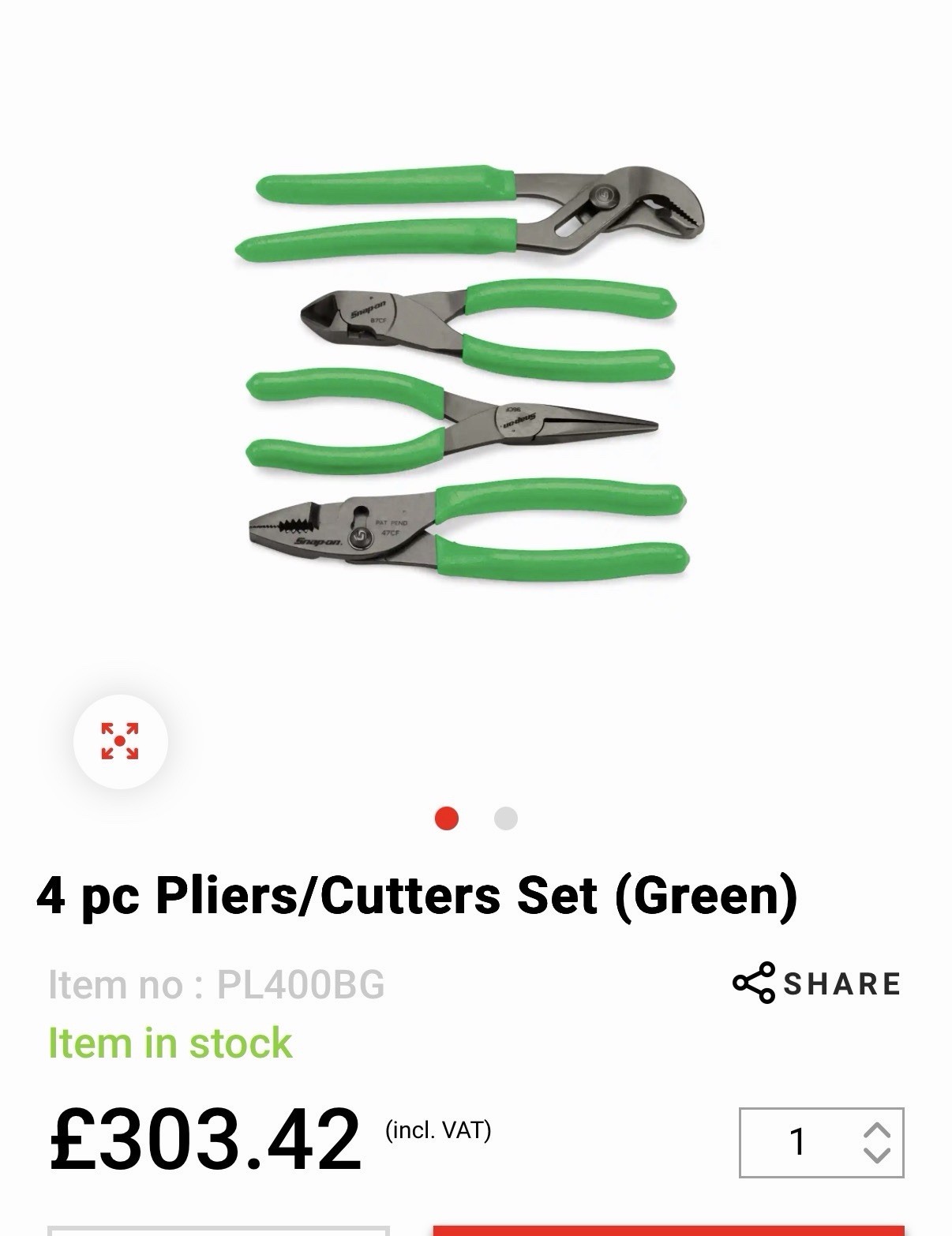 Snap On 4 pc Pliers/Cutters Set PL400BG
