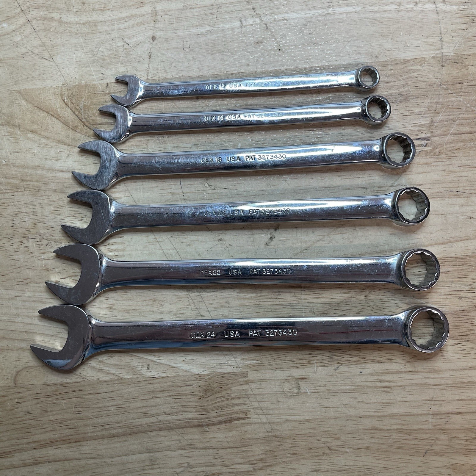 SNAP-ON 6 PC 12 PT COMBINATION WRENCHES (3/8″ OEX12- 3/4″ OEX24) USED.