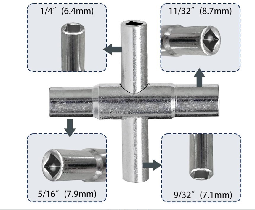4-Way Sillcock Key Wrench, 1/4″ to 11/32″, for Faucets & Valves (1 Pack)