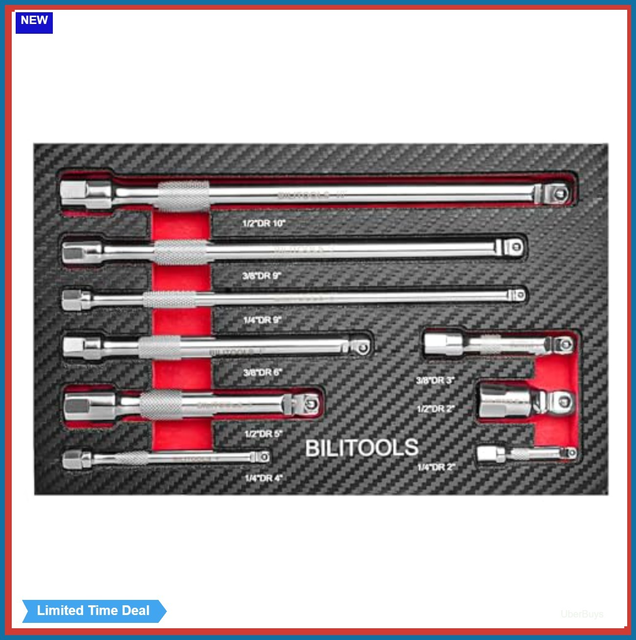 9 Piece Hex Wobble Extension Set 1/4 3/8 1/2 Inch Drive Chrome Vanadium Steel