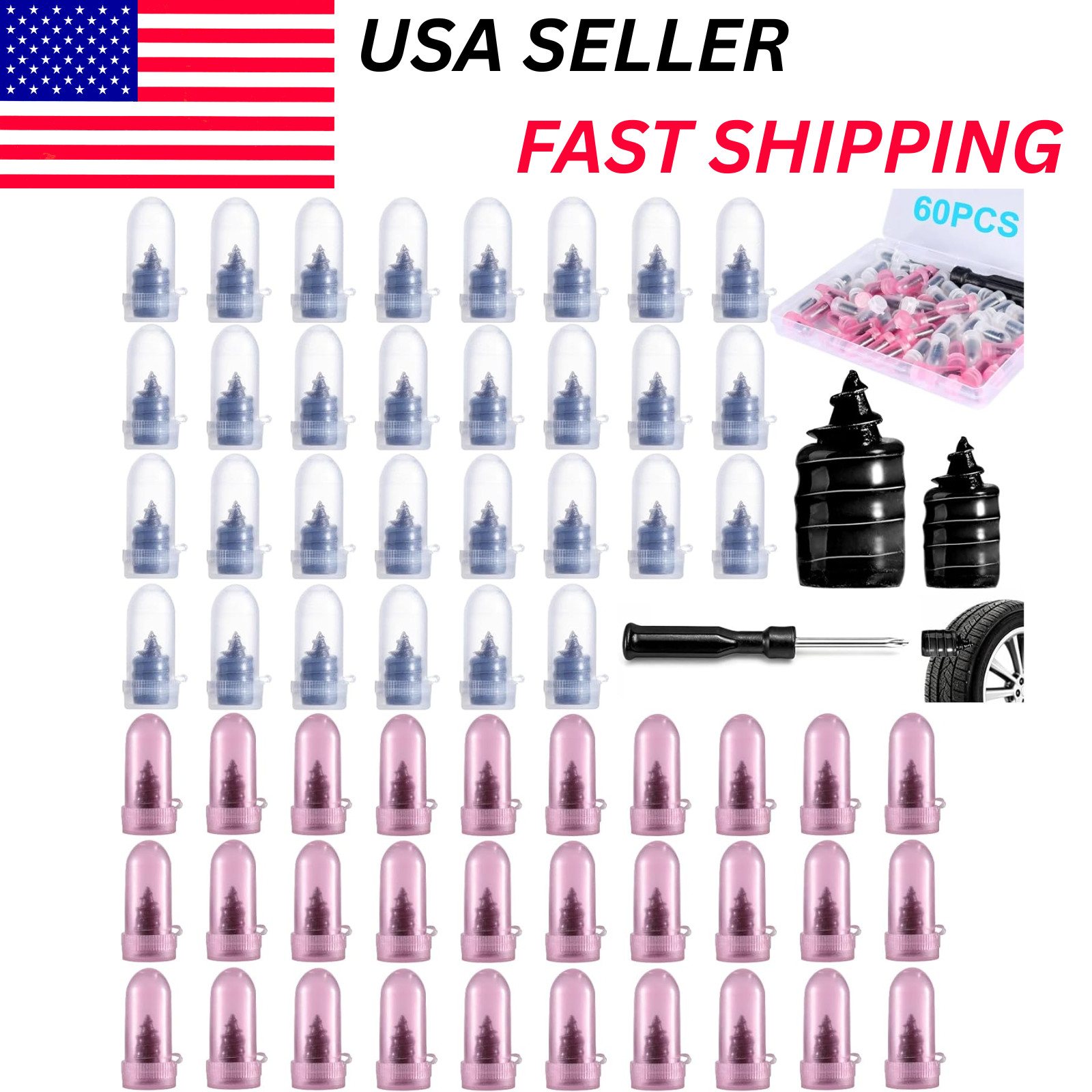 60PCS Car Vacuum Tire Repair Nail Rubber Screw Nails+ Screwdriver Tool Set w/Box