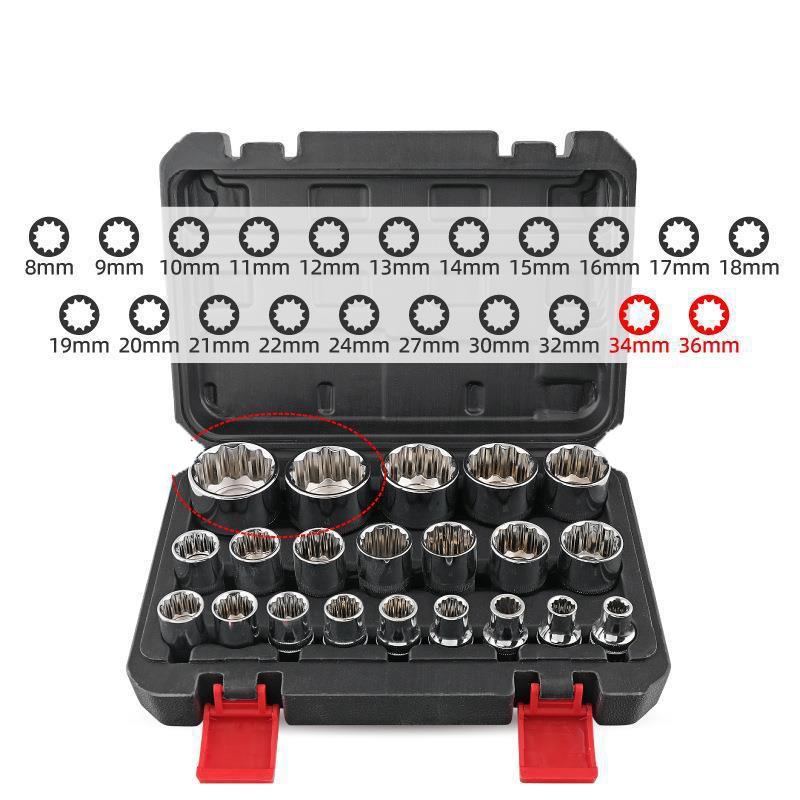 21pcs 1/2″ Dr. Spline Gear Lock Multi Bit Socket Set CR-v Metric 8-36mm