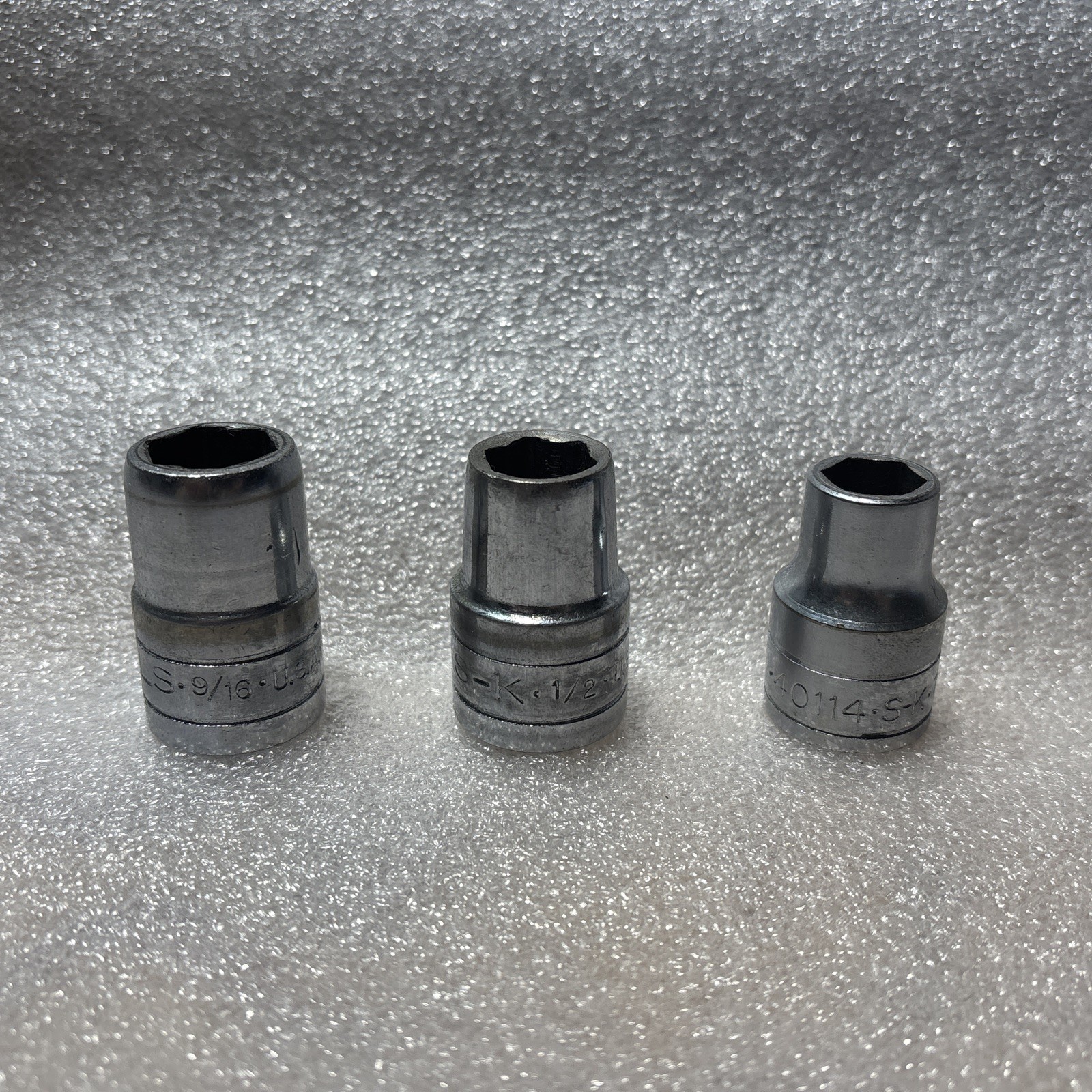 S-K vintage 1/2” 6pt socket lot (3). USA