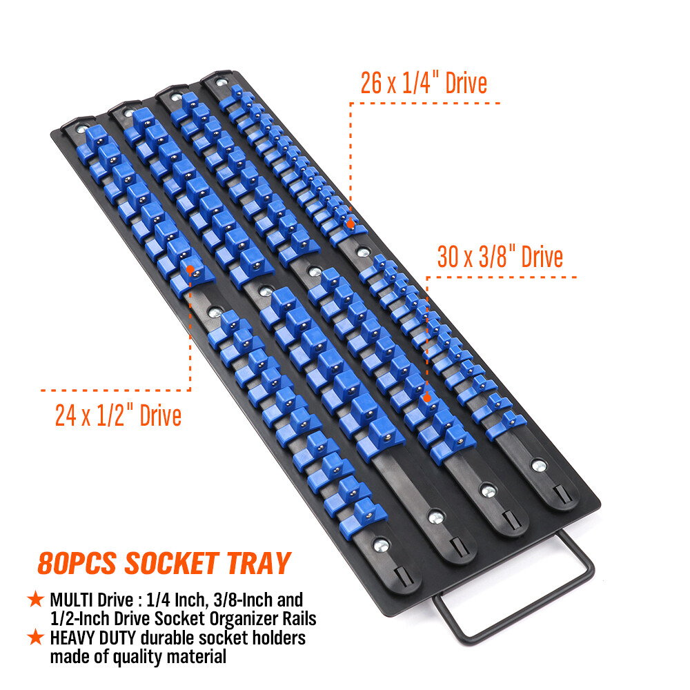 80PC Socket Organizer Holders tray Storage Rack Mountable 1/4 3/8 1/2 Heavy Duty