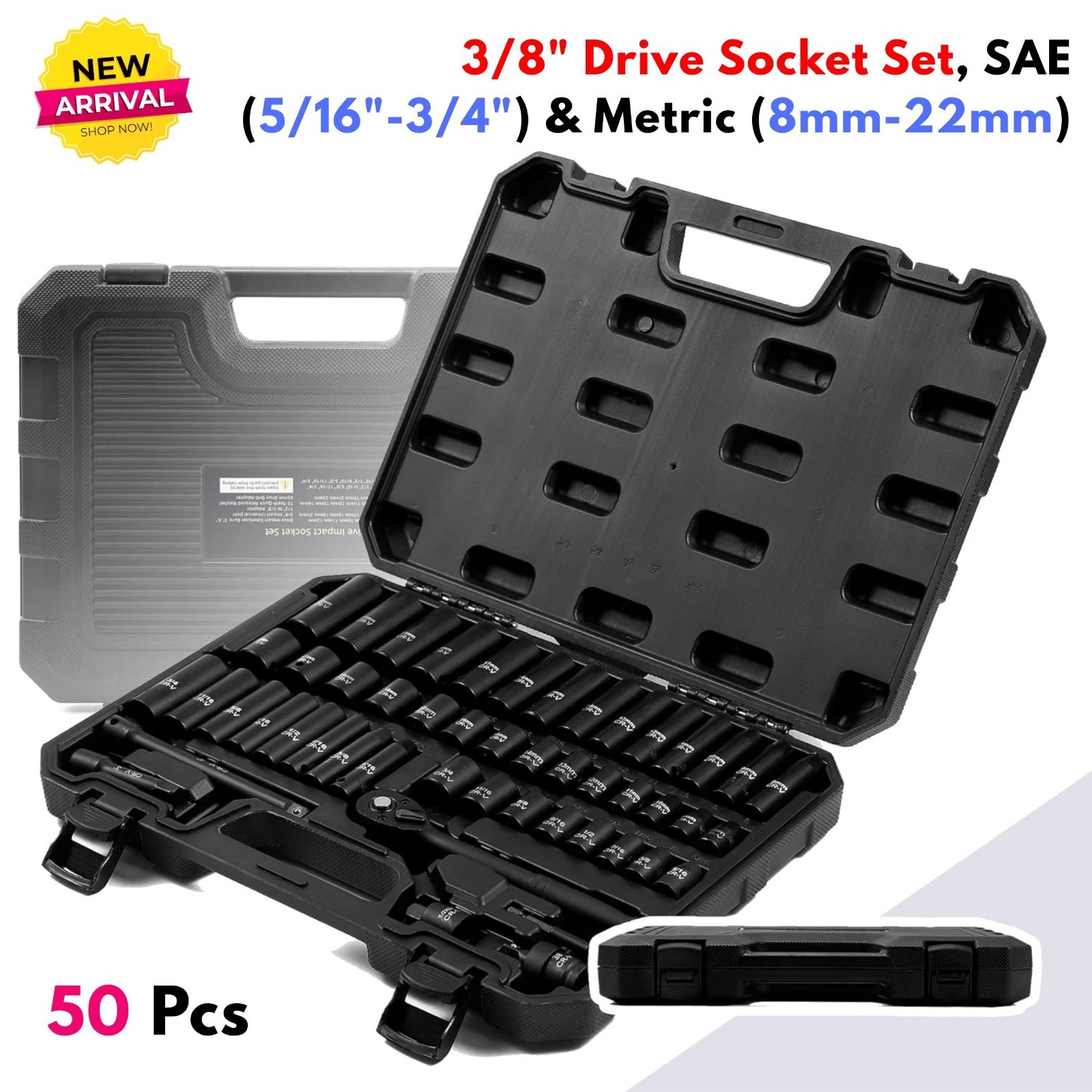 50Pcs 3/8″ Drive Impact Socket Set SAE & Metric Deep & Shallow w/ Ratchet Wrench