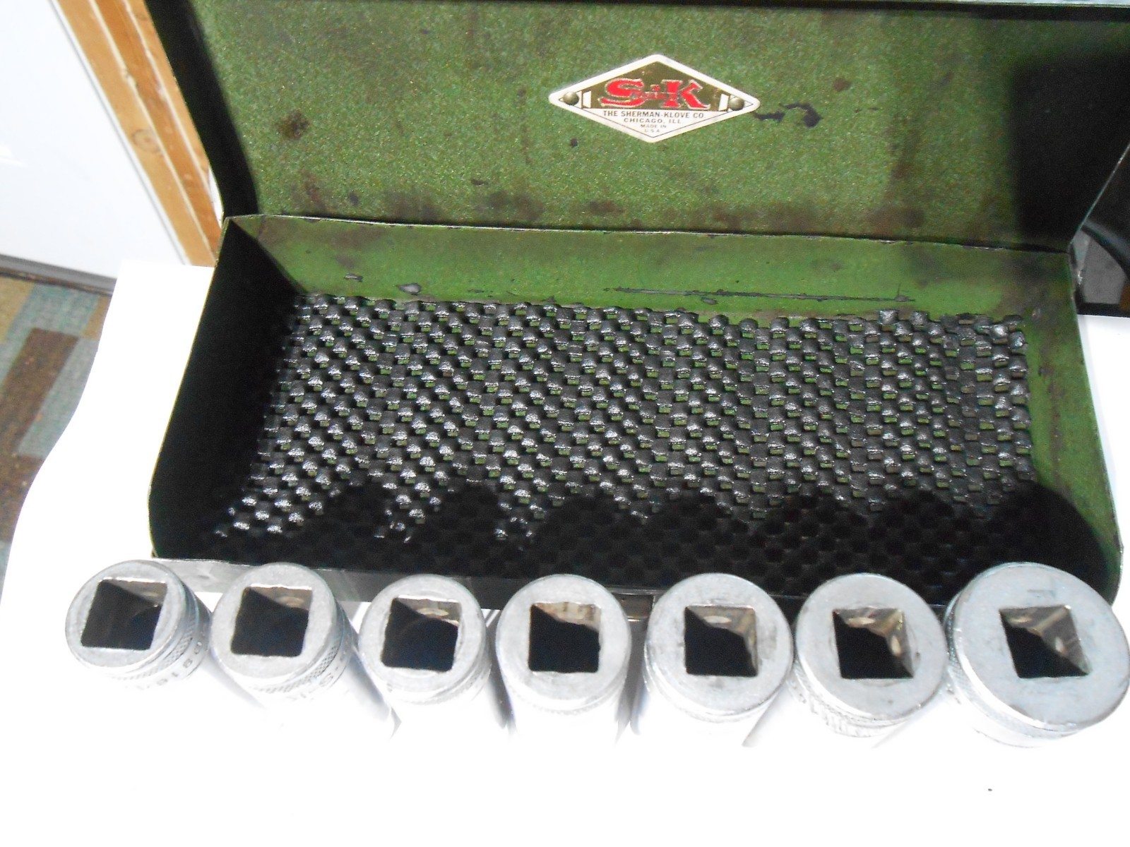 Vintage SK 1/2″ Drive Deep Knurled Socket Set 7pc + Box Sherman Klove S-K USA