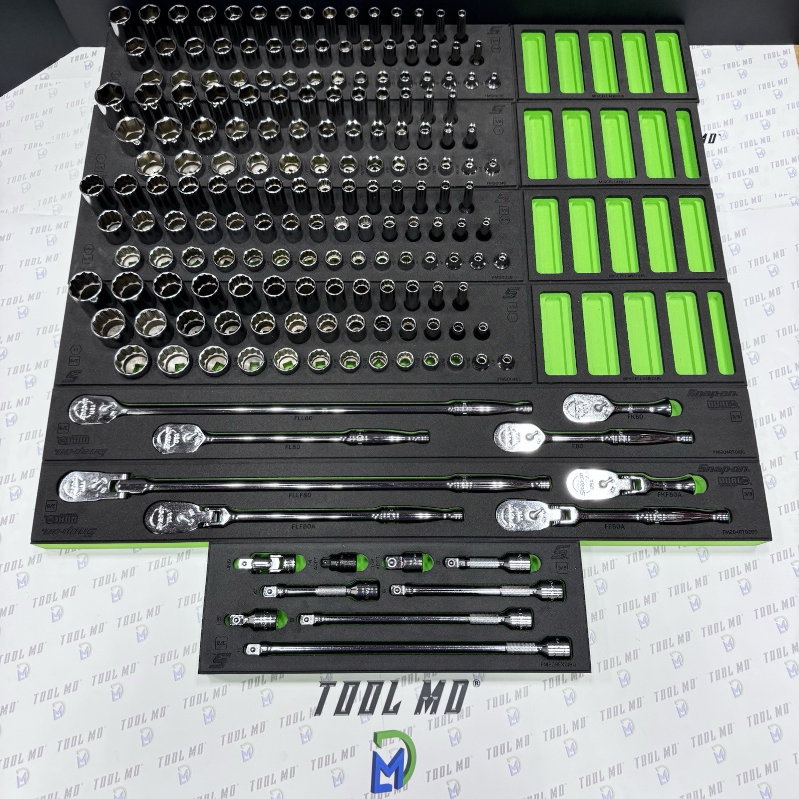 Snap-on Tools NEW 6 & 12-POINT GREEN 185pc 3/8″ Drive Service Set 2185GSS01FG