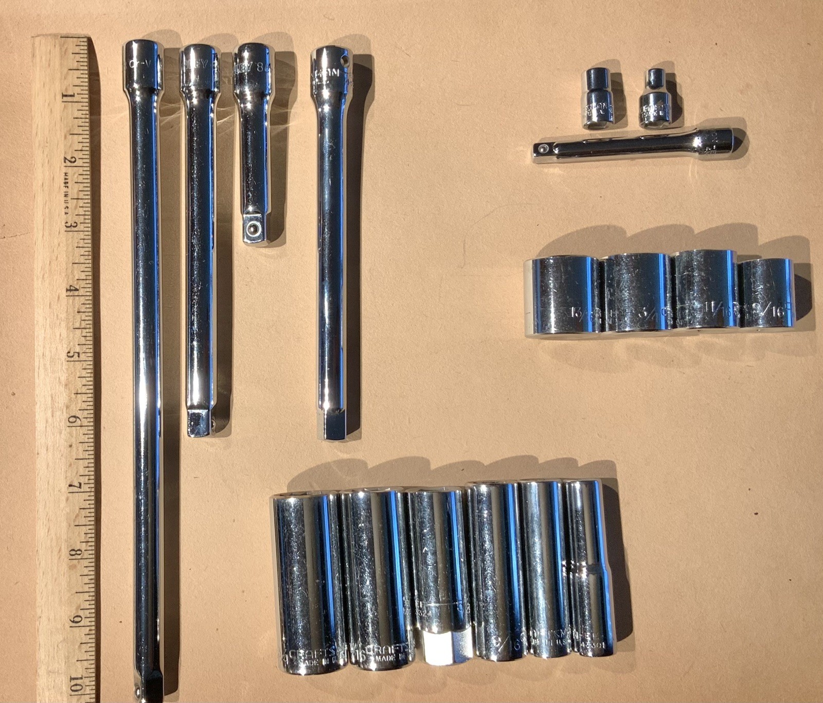 Craftsman USA and Stanley 3/8” Drive Sockets and Extensions Mixed Lot