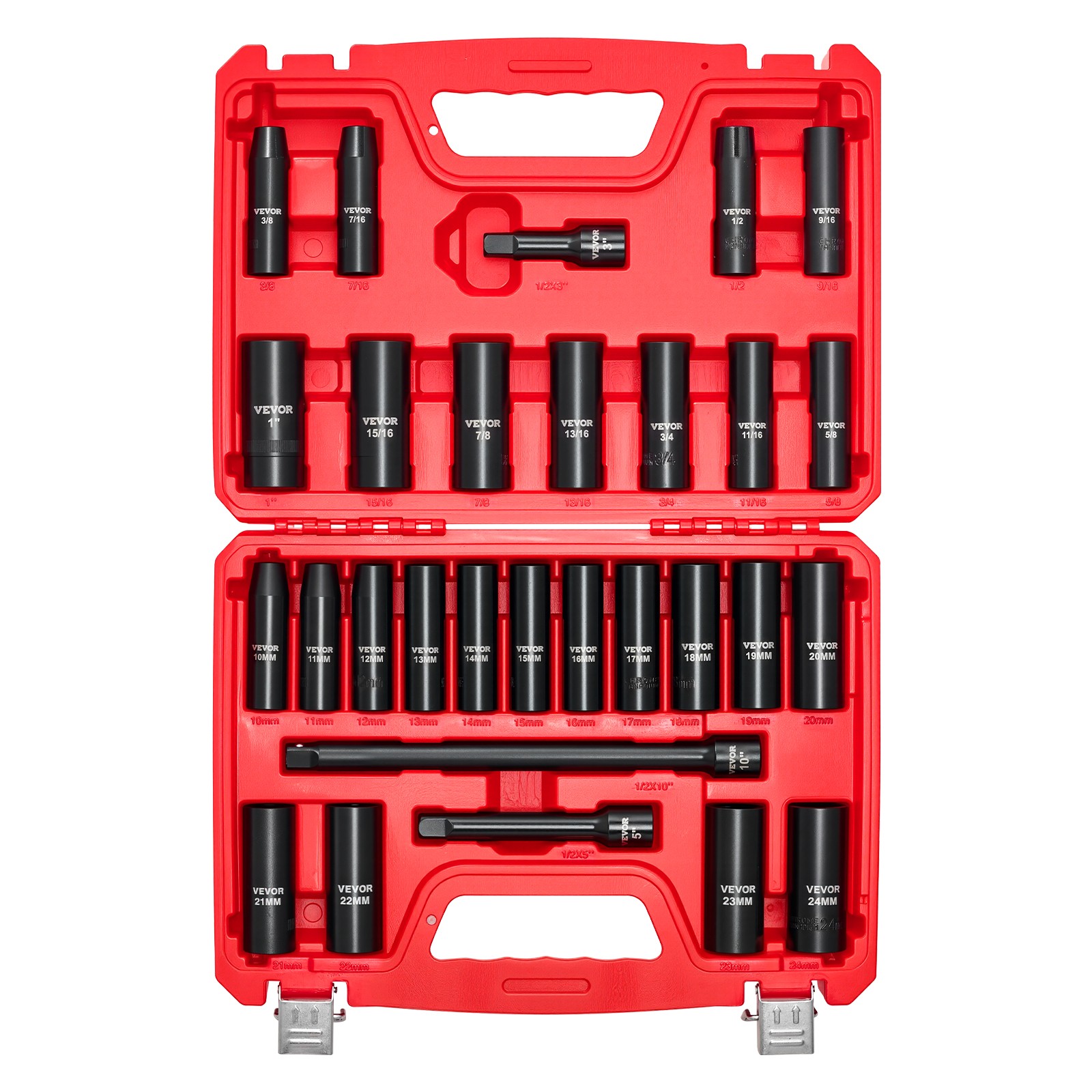 VEVOR 1/2 in Drive Impact Socket Set 29 Piece SAE 3/8 in-1 in Metric 10-24 mm