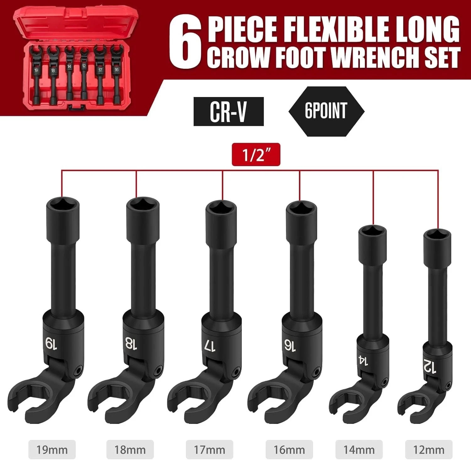 Long Flex Head Crowfoot Wrench Set 3/8″ Drive Flare Nut 12-19mm Fuel Line Tool
