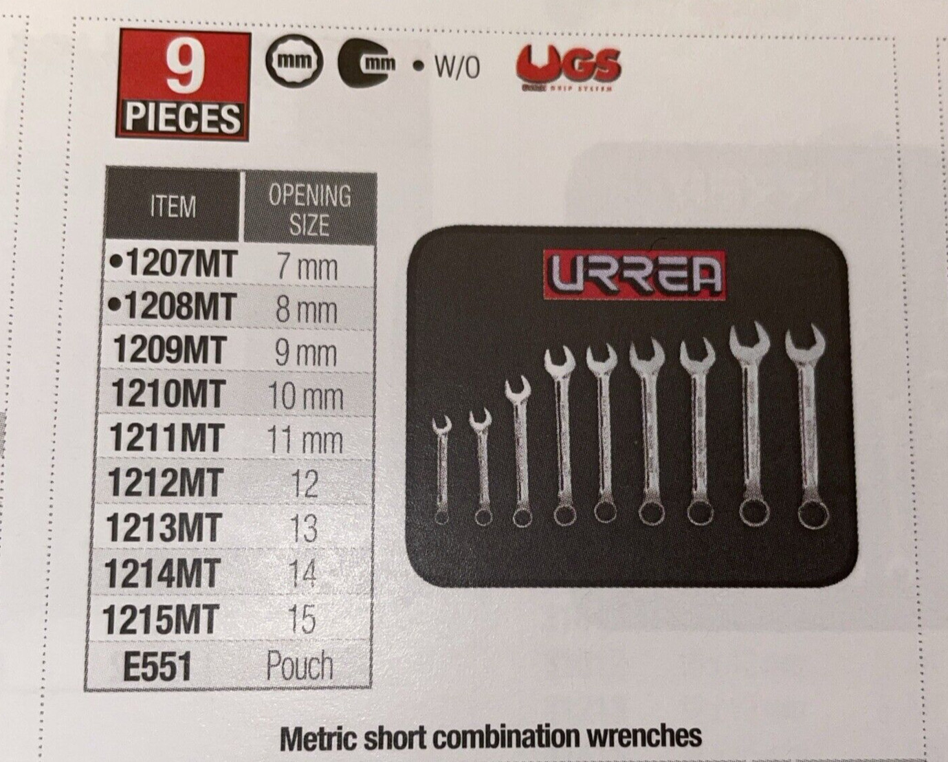 URREA 1200MT9 – 9 Pc. Metric Short Combination 12 Pt. Chrome Wrench Set & Pouch