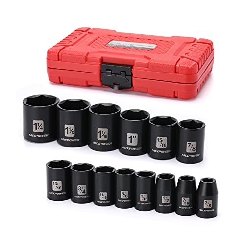 14-Piece 1/2″ Drive Shallow Impact Socket Set, SAE 6-Point, CR-V, 3/8″ to 1-1/4