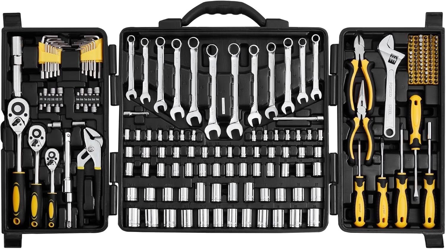Pieces 1/4″ 3/8″ 1/2″ Drive Sockets -SAE and Metric Mechanic Tool Kit with Bi…