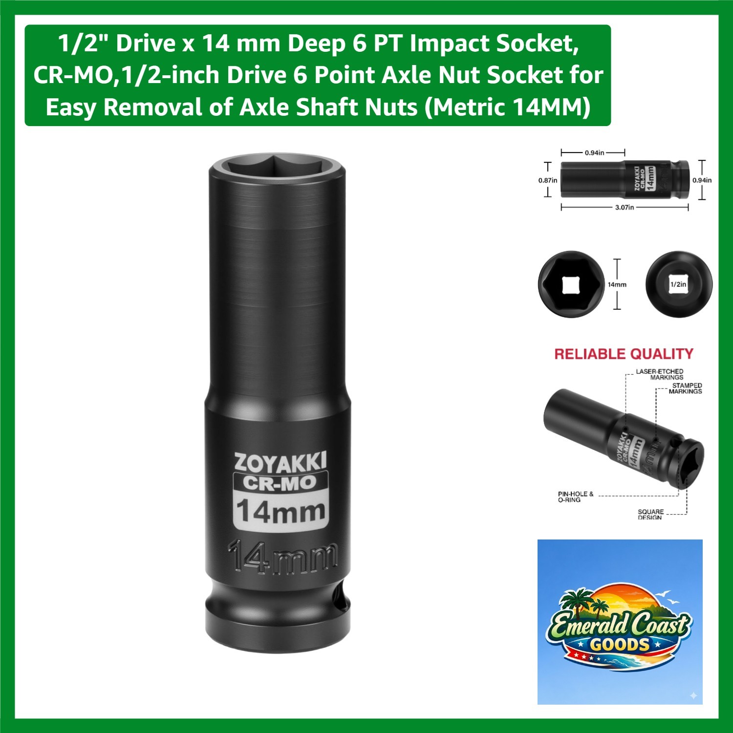 Professional 1/2″ Drive 14mm Impact Socket – Durable CR-MO Construction