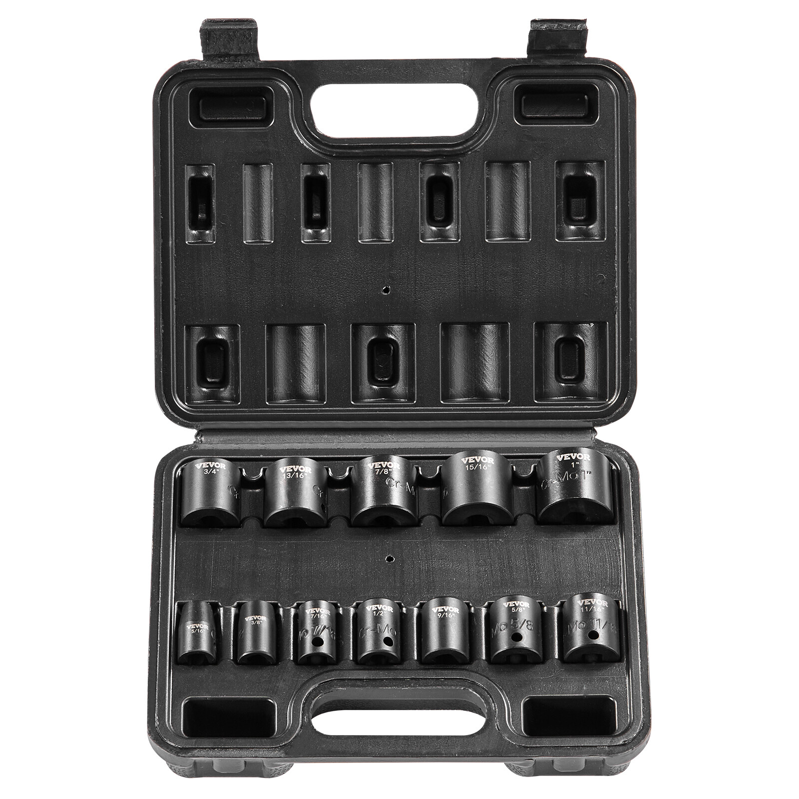 VEVOR Impact Sockets Set 12pcs 6-Point 3/8in Drive Bit Ratchet Tool Kit Case