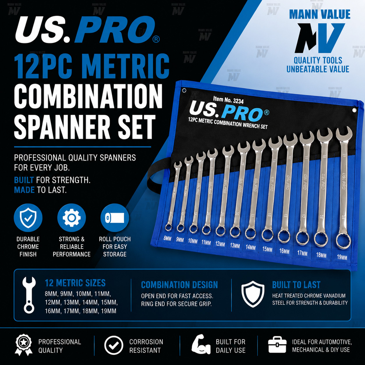 US PRO Tools 12pc Combination Spanner Set Metric 8 – 19mm 3234