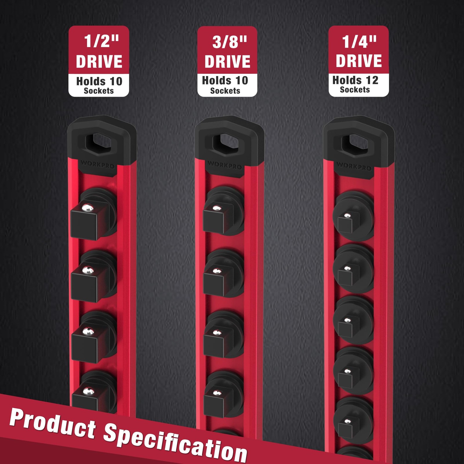 WORKPRO Magnetic Socket Organizer Set, 3 Pieces-1/4″, 3/8″, & 1/2″ DR, Red