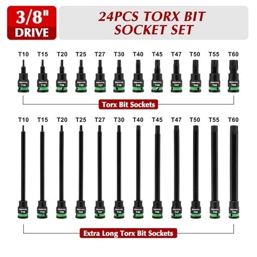 24PCS 3/8″ Drive Extra Long Torx Bit Socket Set T10-T60, Cr-V & S2 Steel