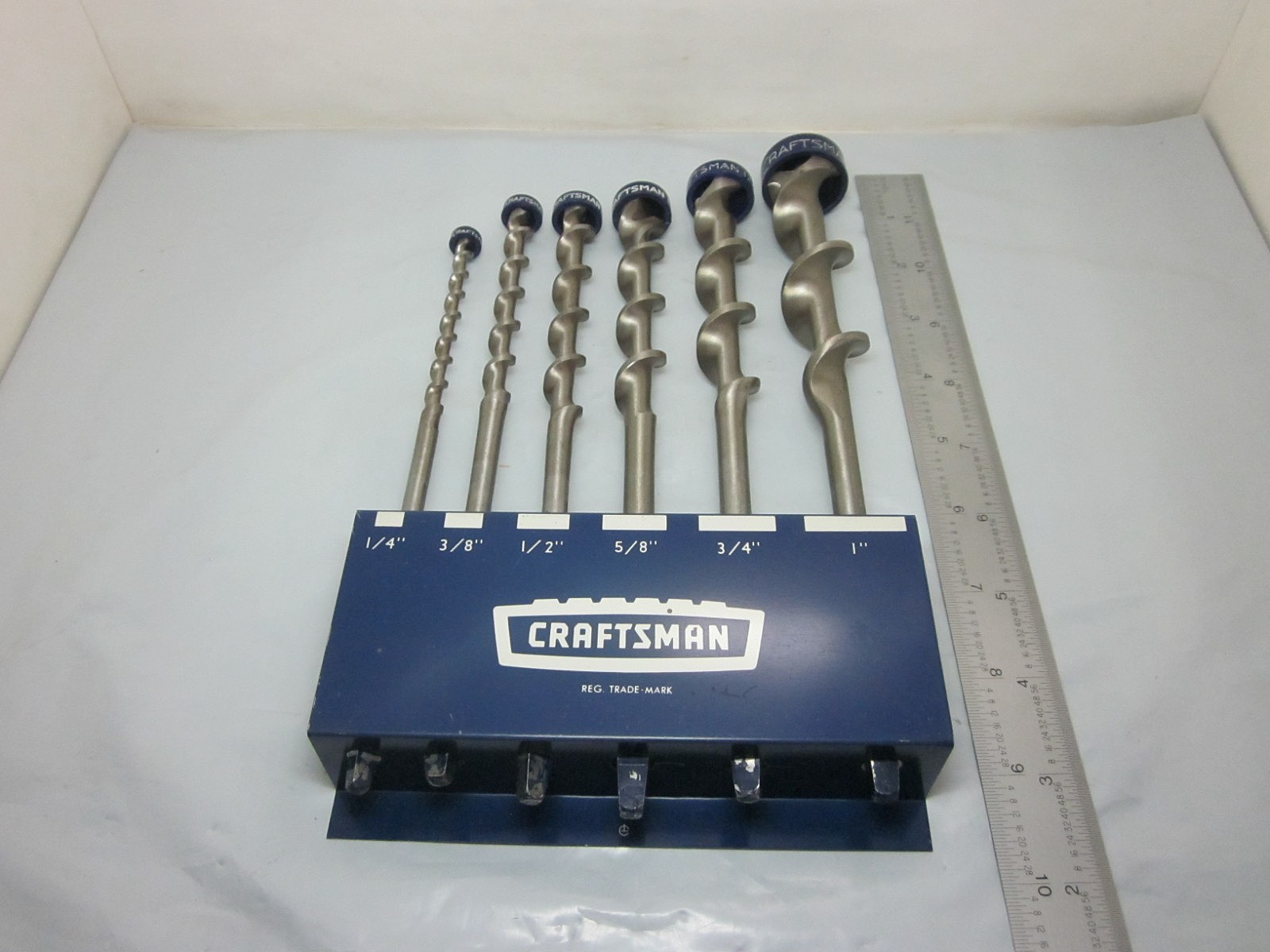Vtg Craftsman Set Of 6 Auger Drill Bits W/Metal Wall Mount 1/4″ to 1″ USA