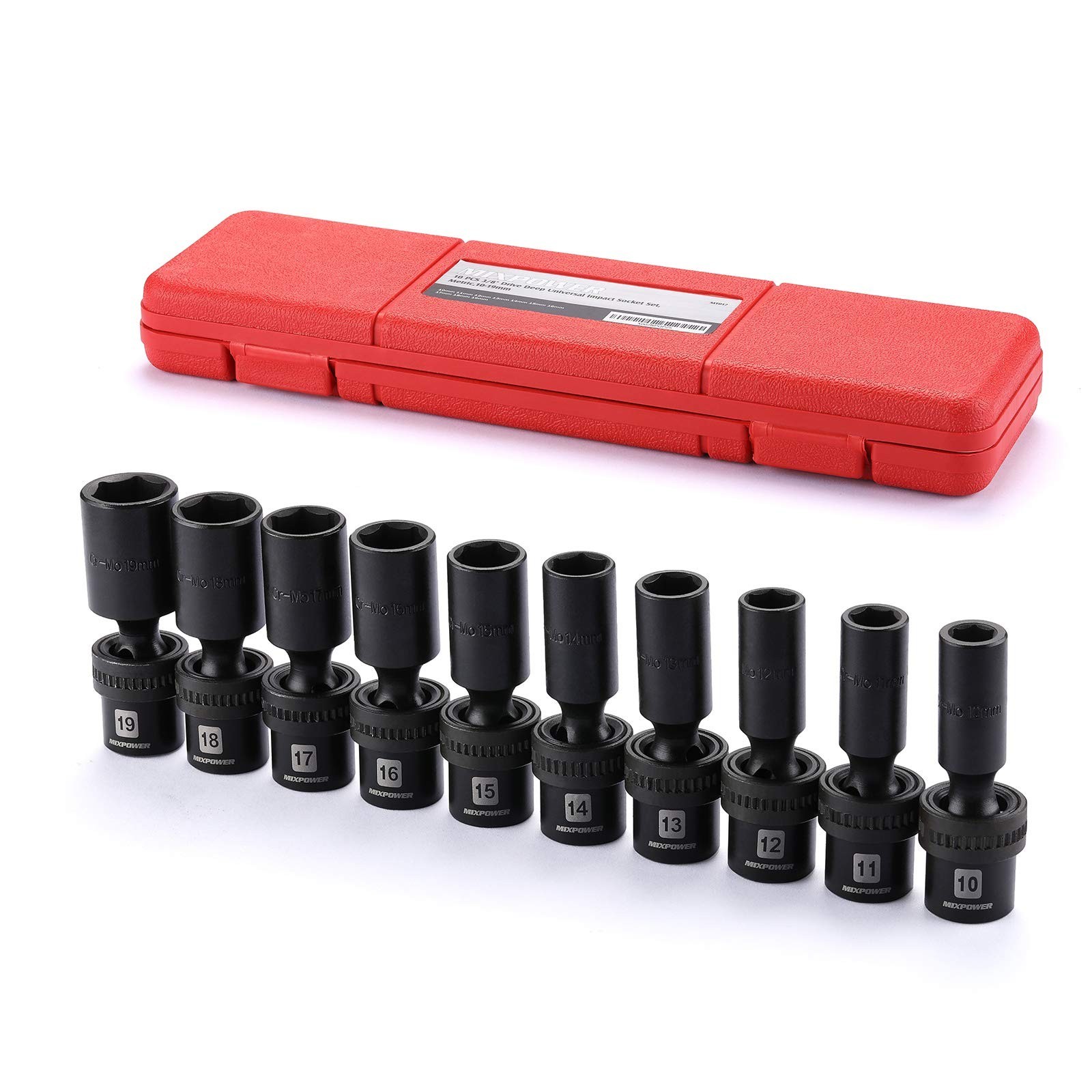 10-Piece 3/8″ Drive Deep Impact Socket Set, 6 Point Metric 10-19mm, Swivel Wobbl