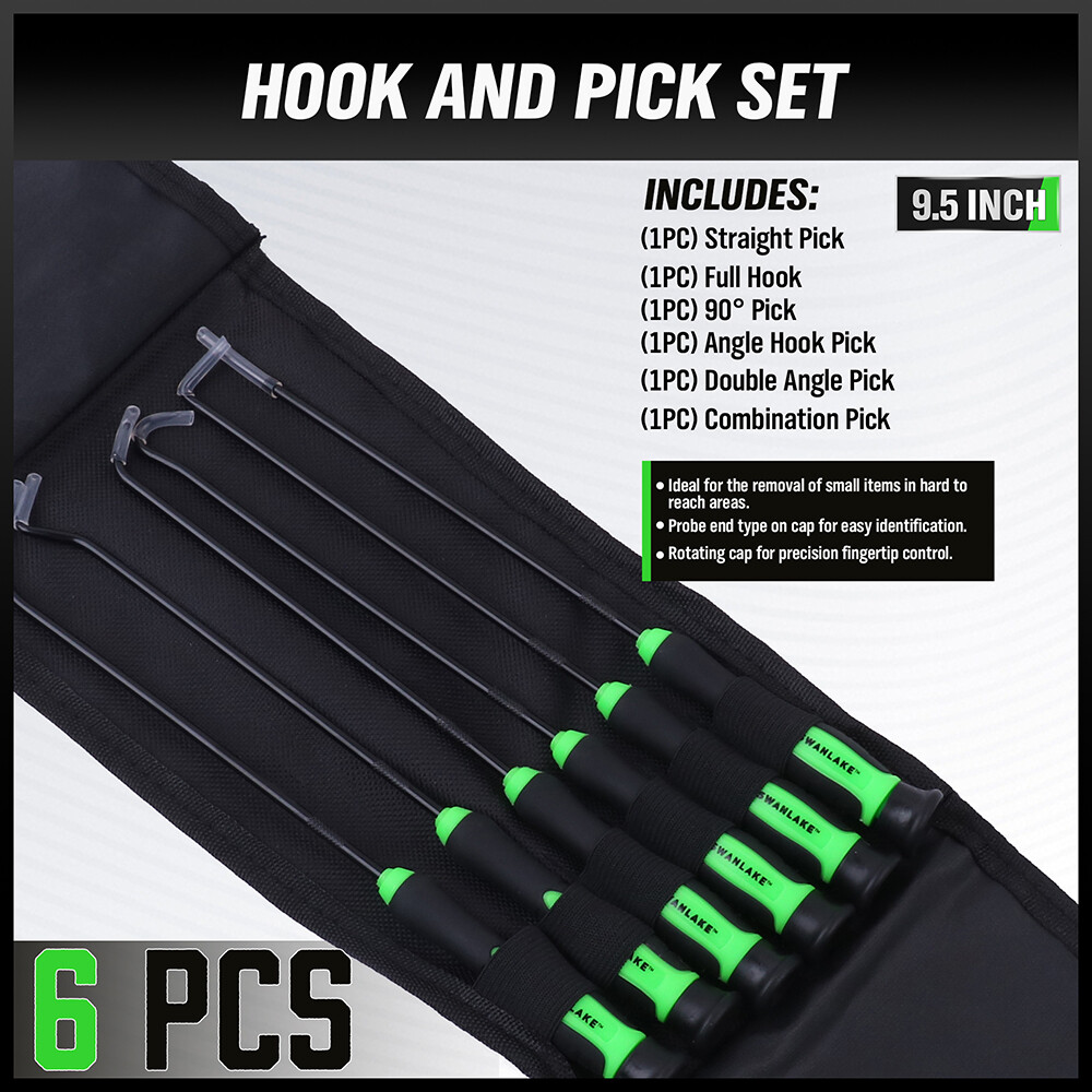 6pc Pick & Hook Set Extra Long O-Ring Seal Remover 9″ Soft Grip Assorted Shapes