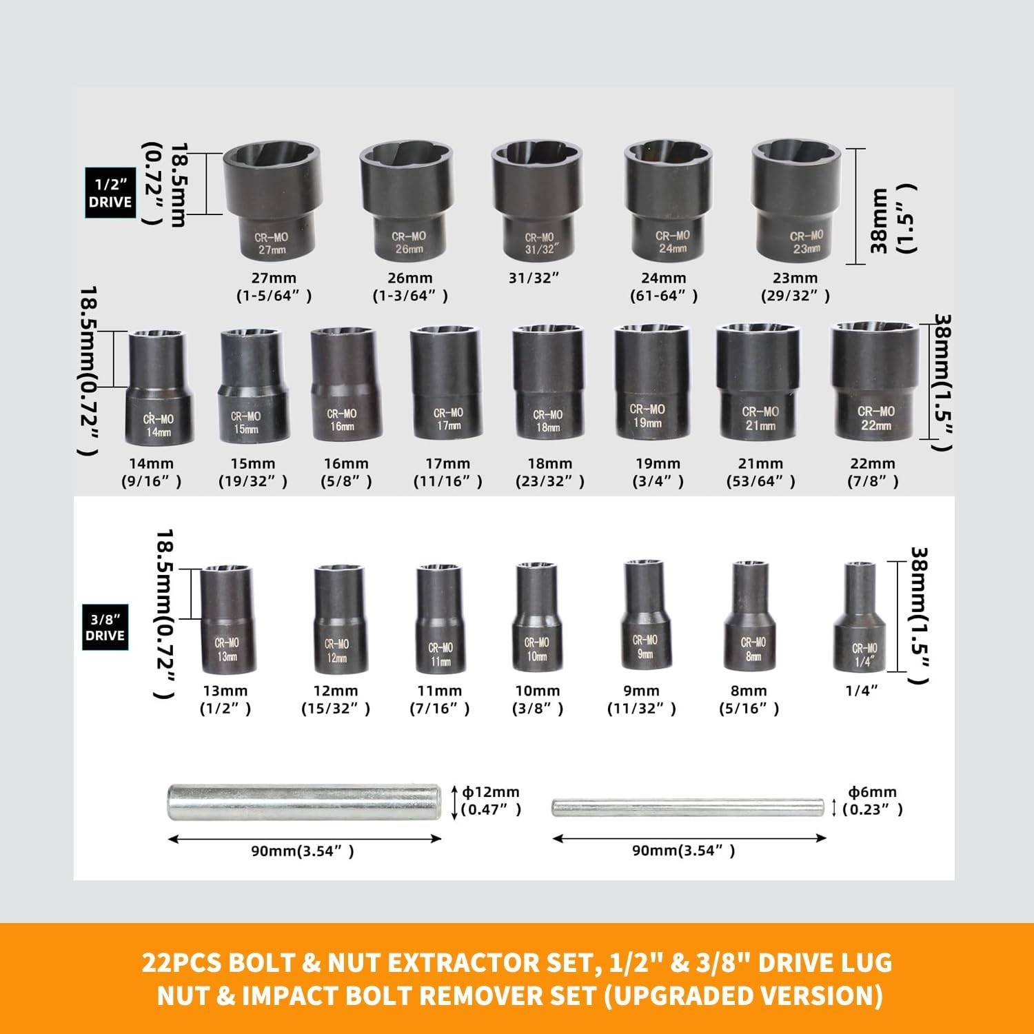 22-Piece Bolt Nut Extractor Set – Impact Lug Nut & Wheel Lock Removal Tool for S