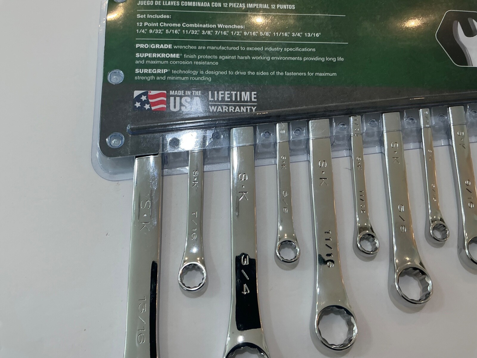 NOS S-K 12 piece SAE combination wrench set fully polished 1/4” to 13/16” USA