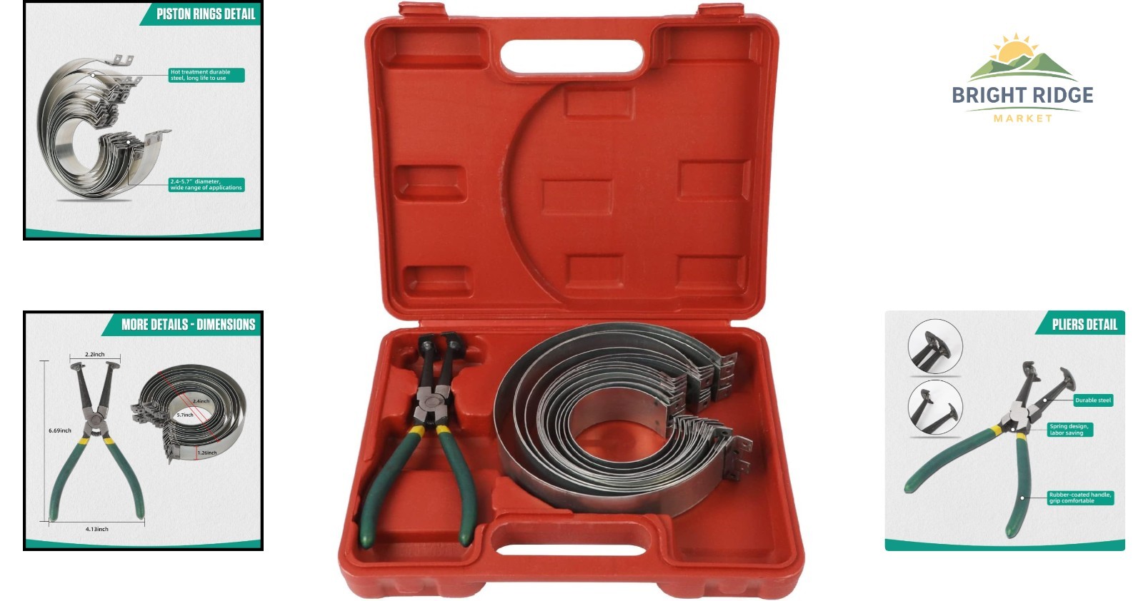 Piston Ring Compressor Tool Set for Cylinder Installation with 14 Rings Included