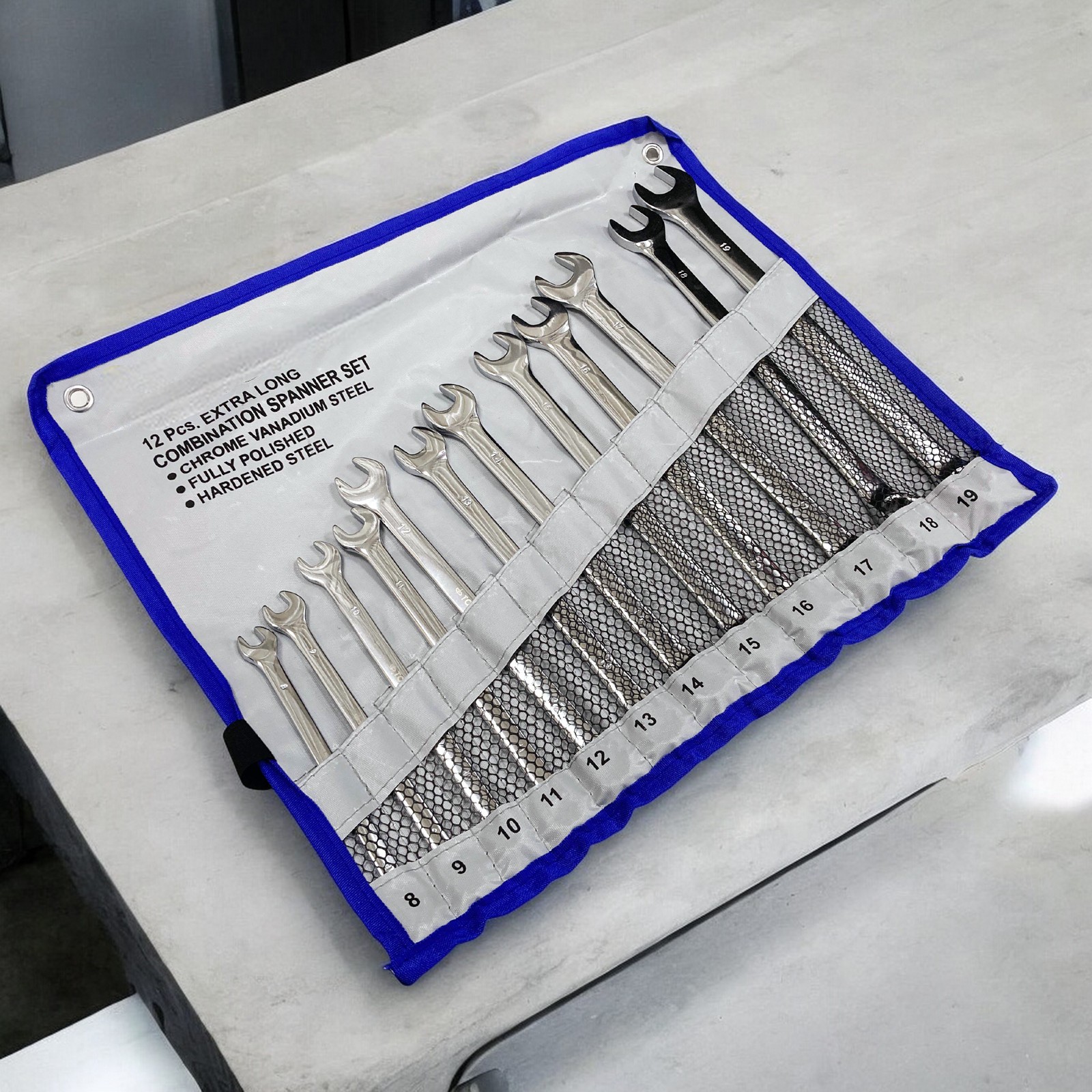 12pc Combination Spanner Set Extra Long 8-19mm Metric Wrenches Open Ring + Roll