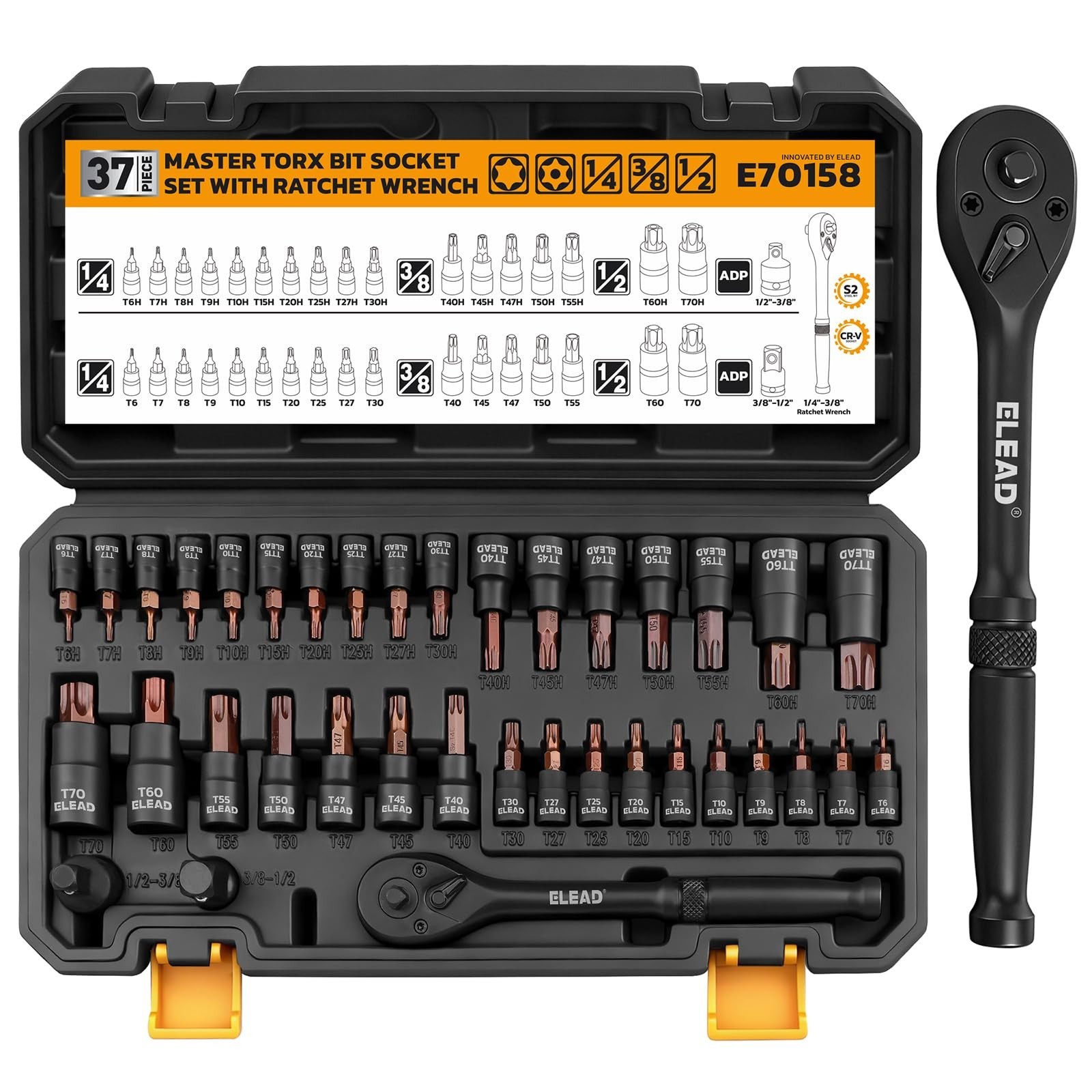 37-Piece Torx Bit Socket Set – 1/4″, 3/8″, 1/2″ Drive, T6-T70, CR-V & S2 Steel,